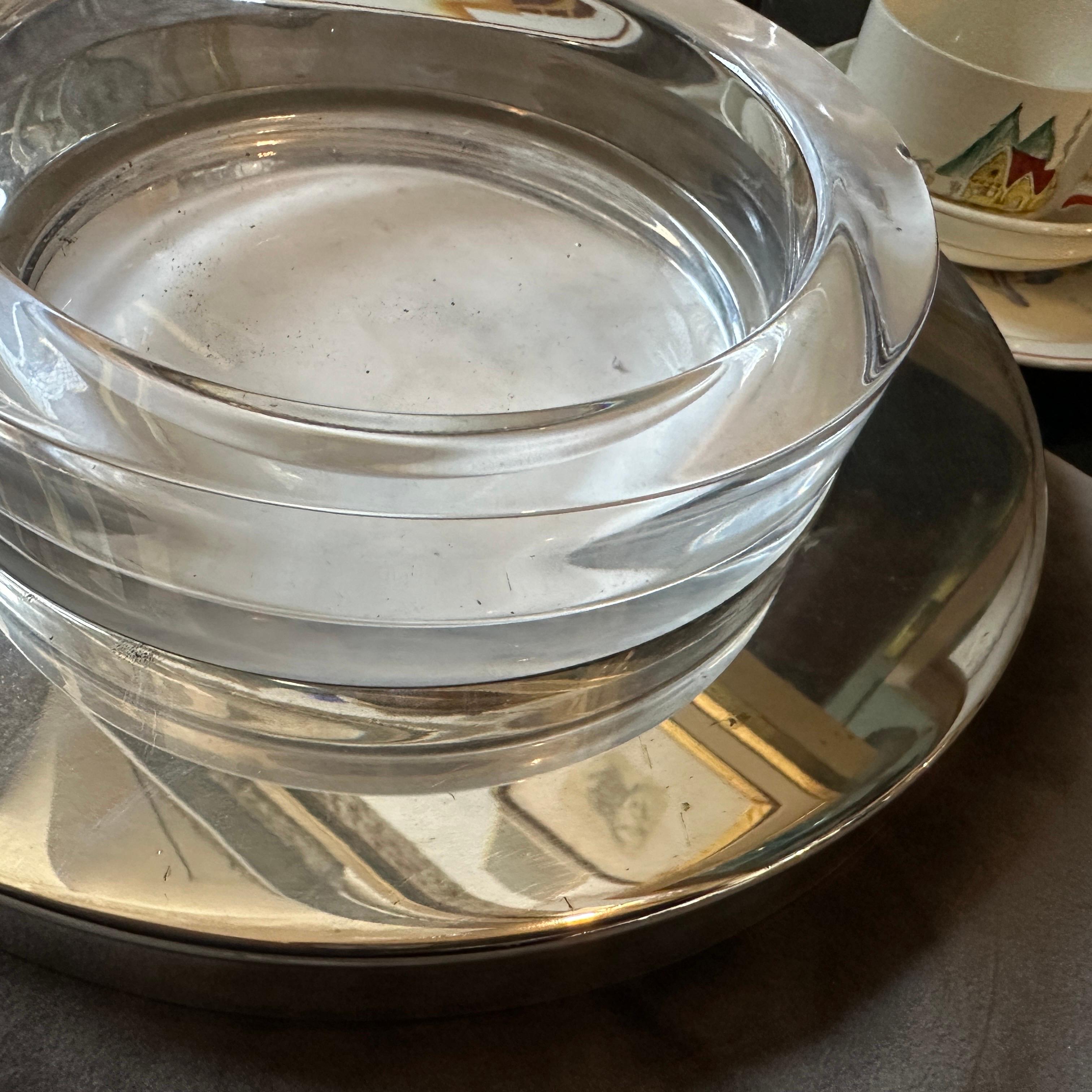 1980s Lino Sabattini Style Minimalist Silver Plated and Glass Bowl For Sale 5