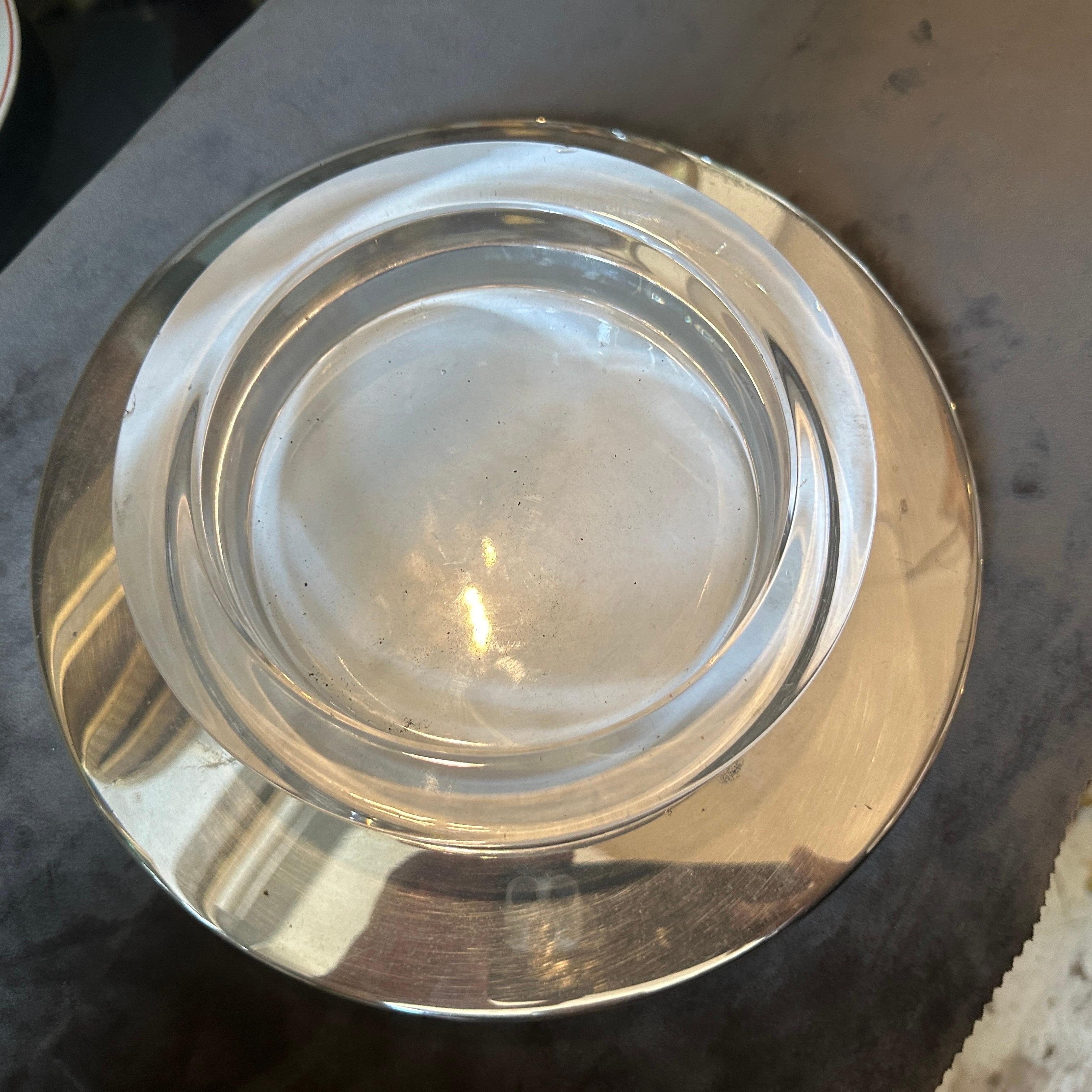 20th Century 1980s Lino Sabattini Style Minimalist Silver Plated and Glass Bowl For Sale