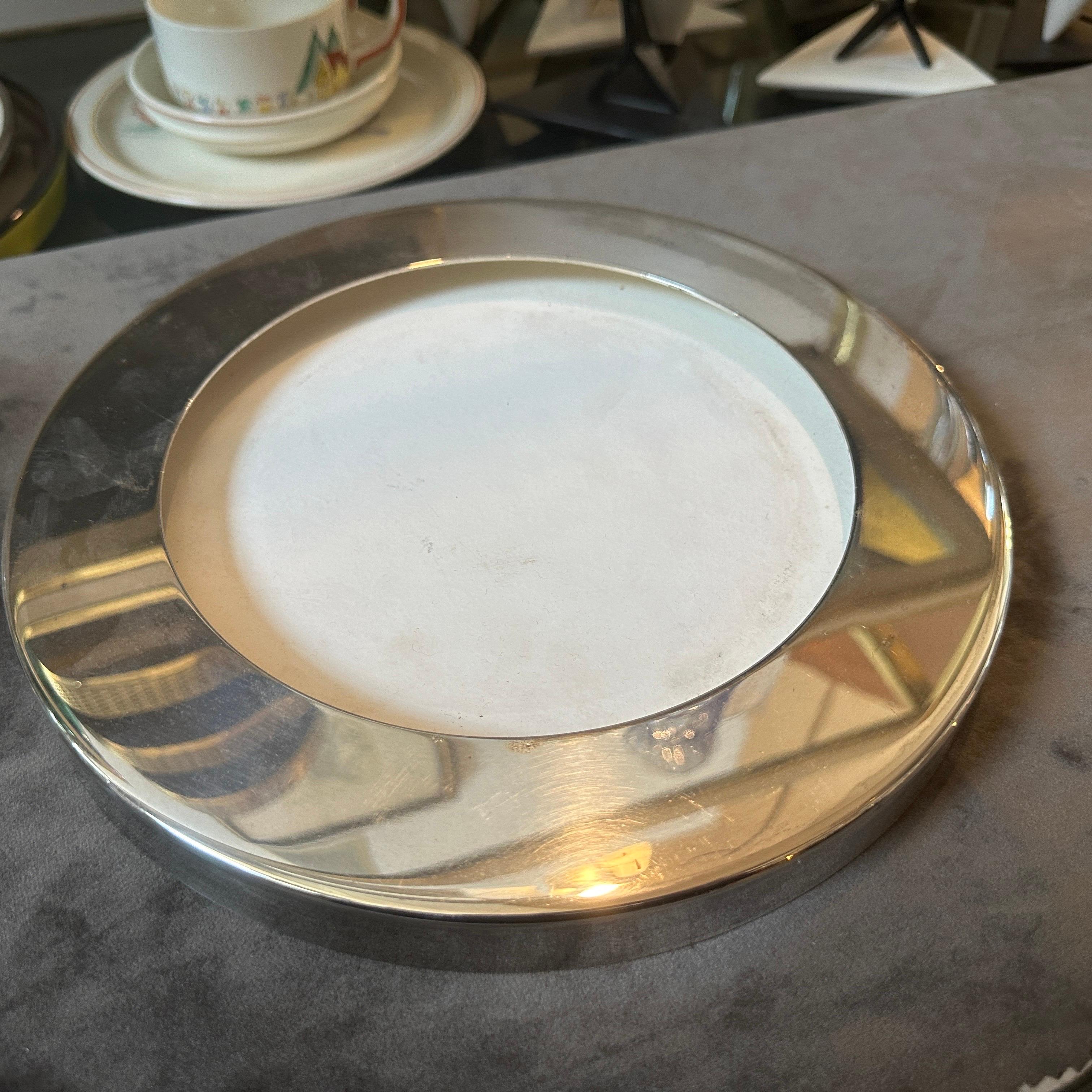 1980s Lino Sabattini Style Minimalist Silver Plated and Glass Bowl For Sale 2