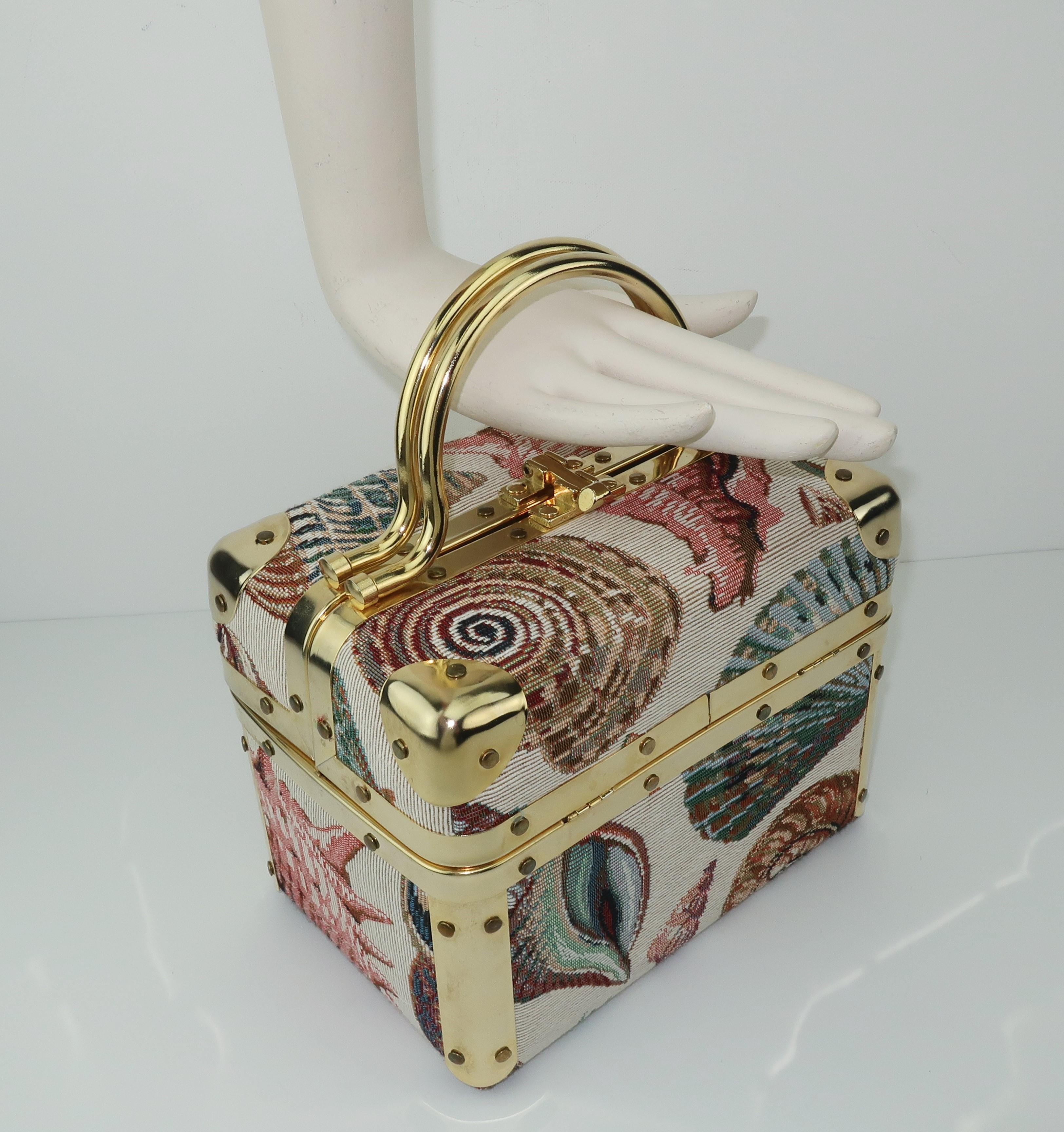 1980's Lisette New York Seashell Tapestry Train Case Handbag 2