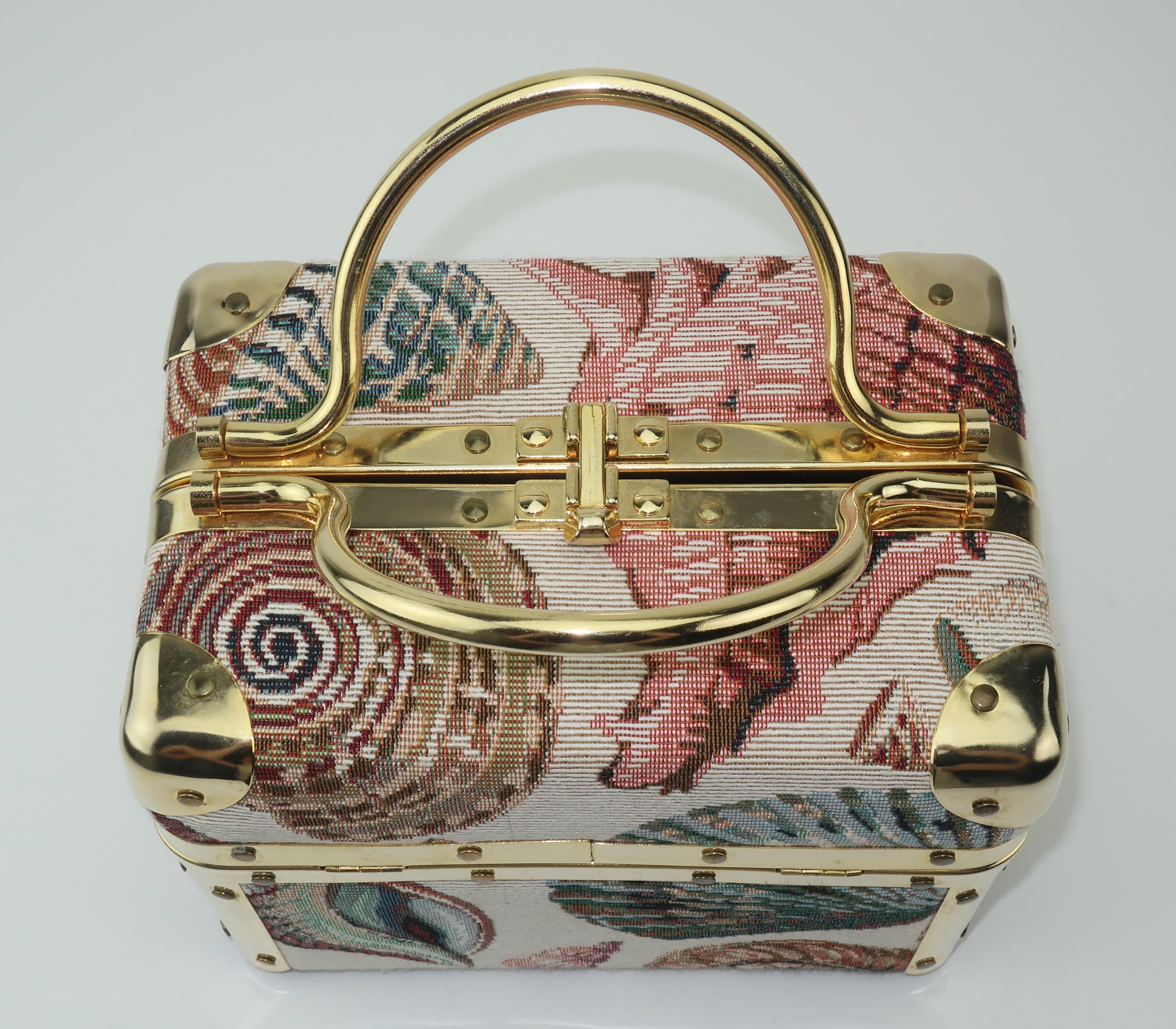 1980's Lisette New York Seashell Tapestry Train Case Handbag In Good Condition In Atlanta, GA