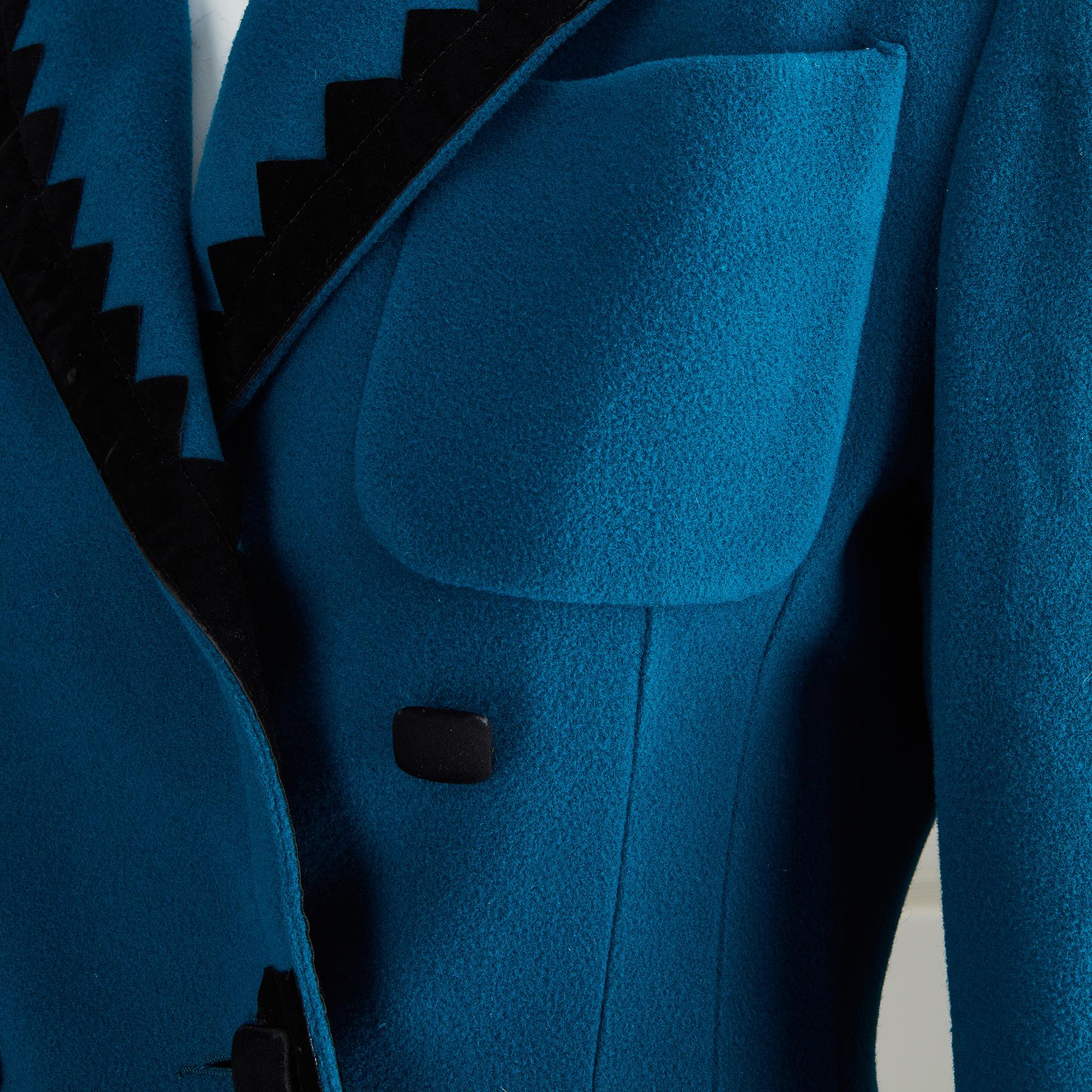 Women's 1980s Lolita Lempicka Teal and Black Trim Jacket