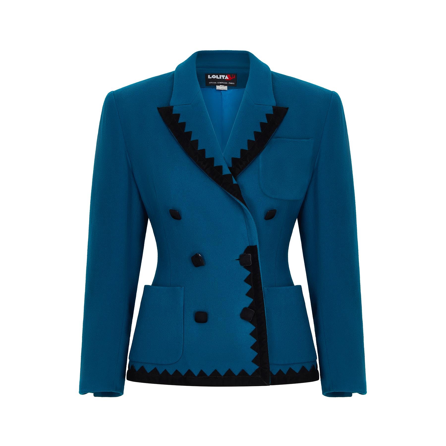 1980s Lolita Lempicka Teal and Black Trim Jacket 1