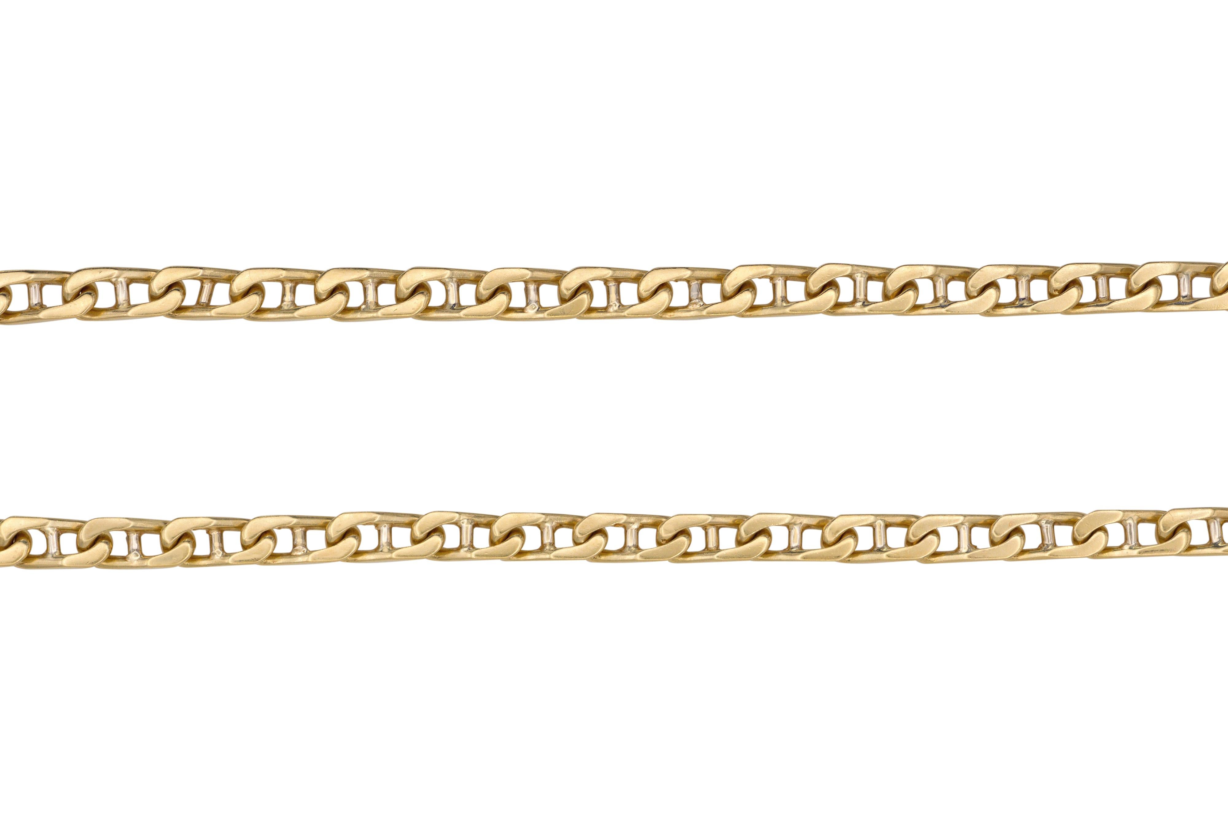 A classic, 32 inch long, vintage 18 karat gold mariner's link chain, by Bulgari, c. 1980. 

Signed BVLGARI, stamped 18kt MADE ITALY. 

This timeless everyday piece is a chic complement to any outfit. Wear it layered with gold chains or by itself; it