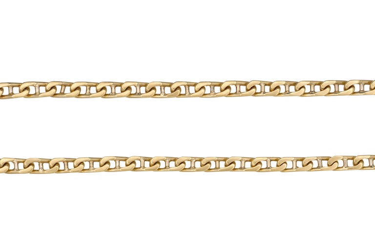 A classic, 32 inch long, vintage 18 karat gold mariner's link chain, by Bulgari, c. 1980. Signed BVLGARI, stamped 18kt MADE ITALY. Wear anytime, anywhere.