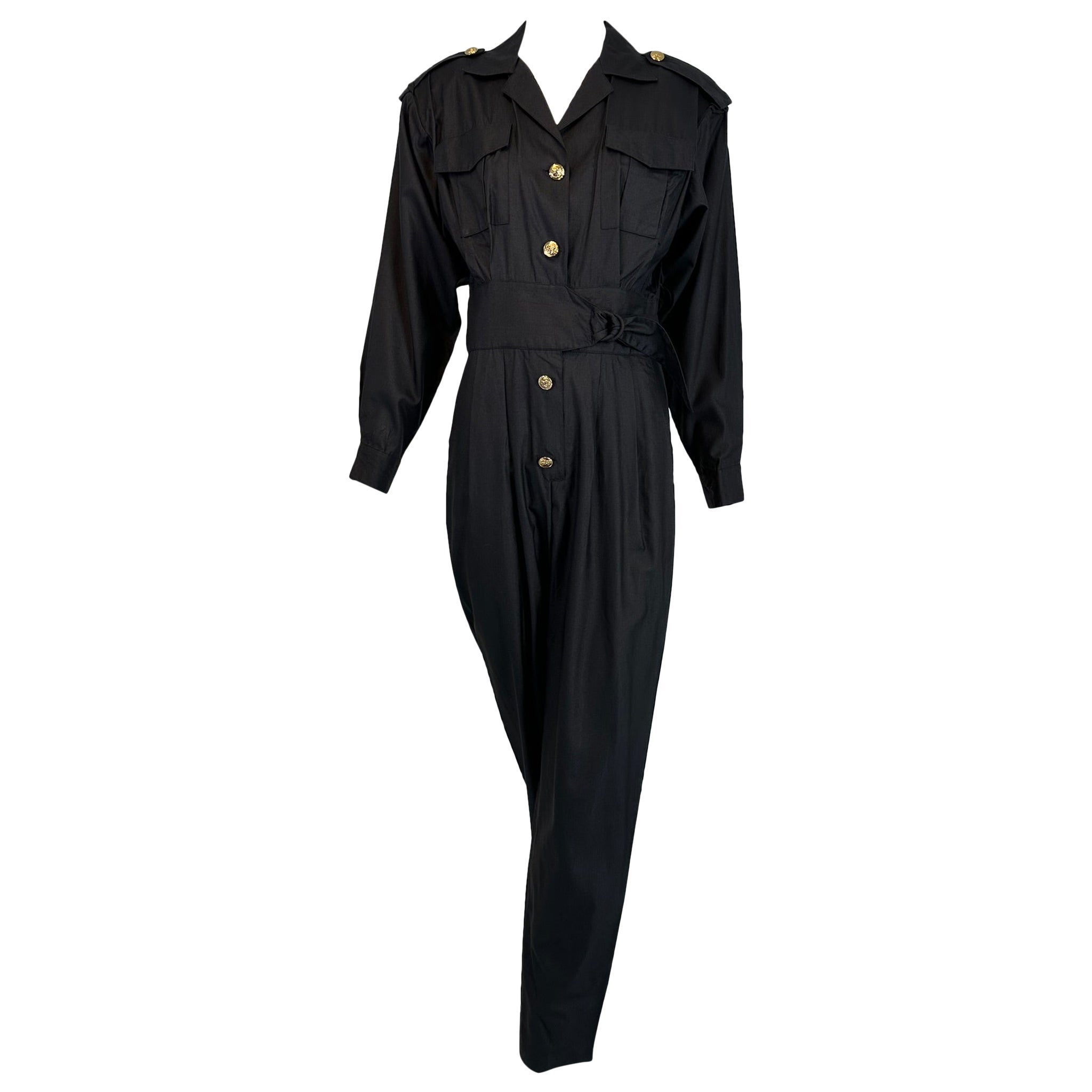 1980s Lord & Taylor Matte Tailored Black Silk Jumpsuit with Gold Buttons