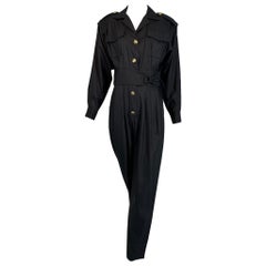 Vintage 1980s Lord & Taylor Matte Tailored Black Silk Jumpsuit with Gold Buttons