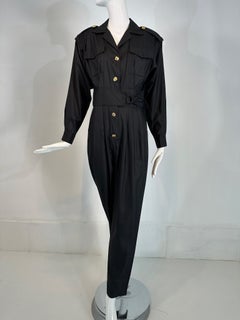 1980s Lord & Taylor Matte Tailored Black Silk Jumpsuit with Gold Buttons 