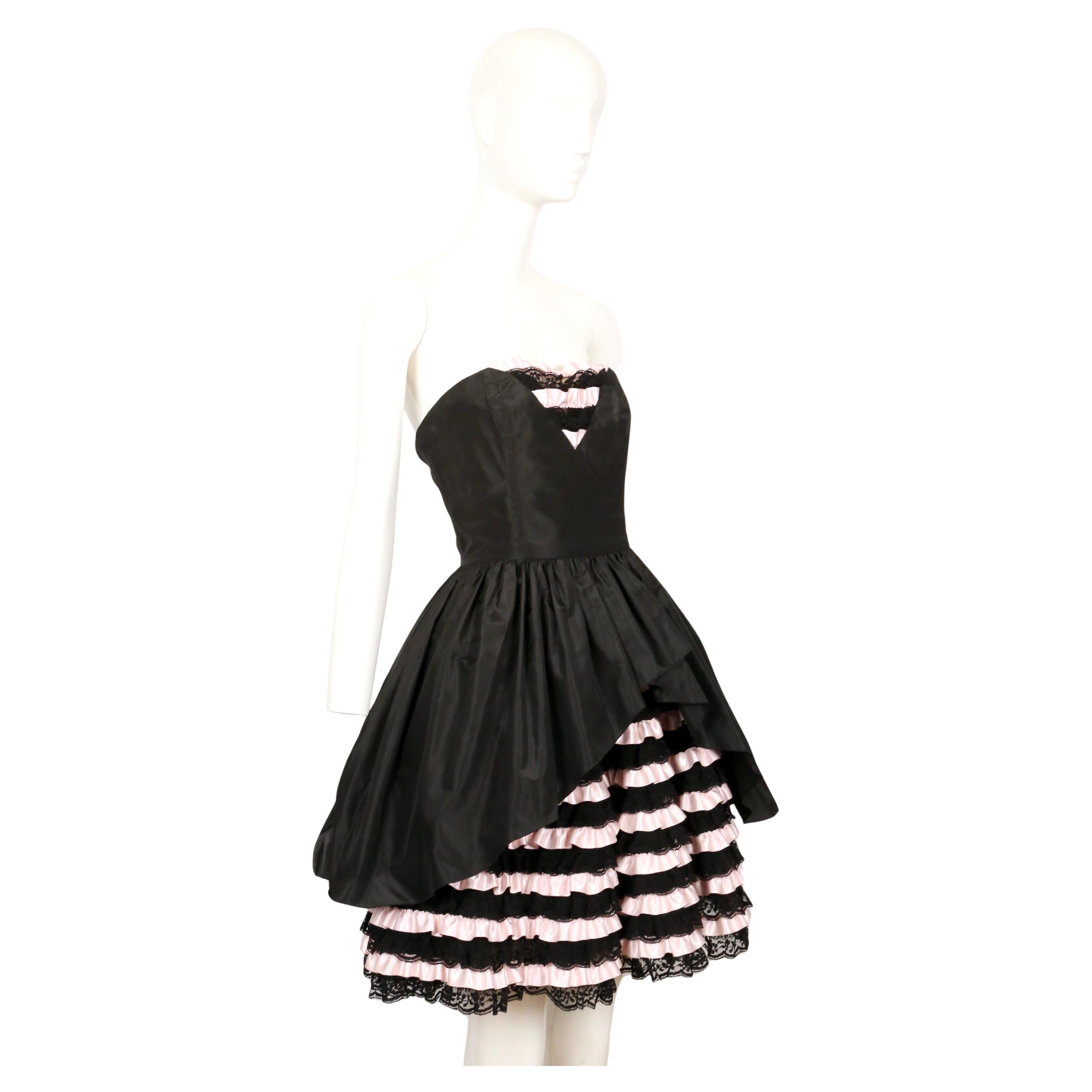 Black 1980's LORIS AZZARO black and pink Haute Couture mini dress with lace ruffles For Sale