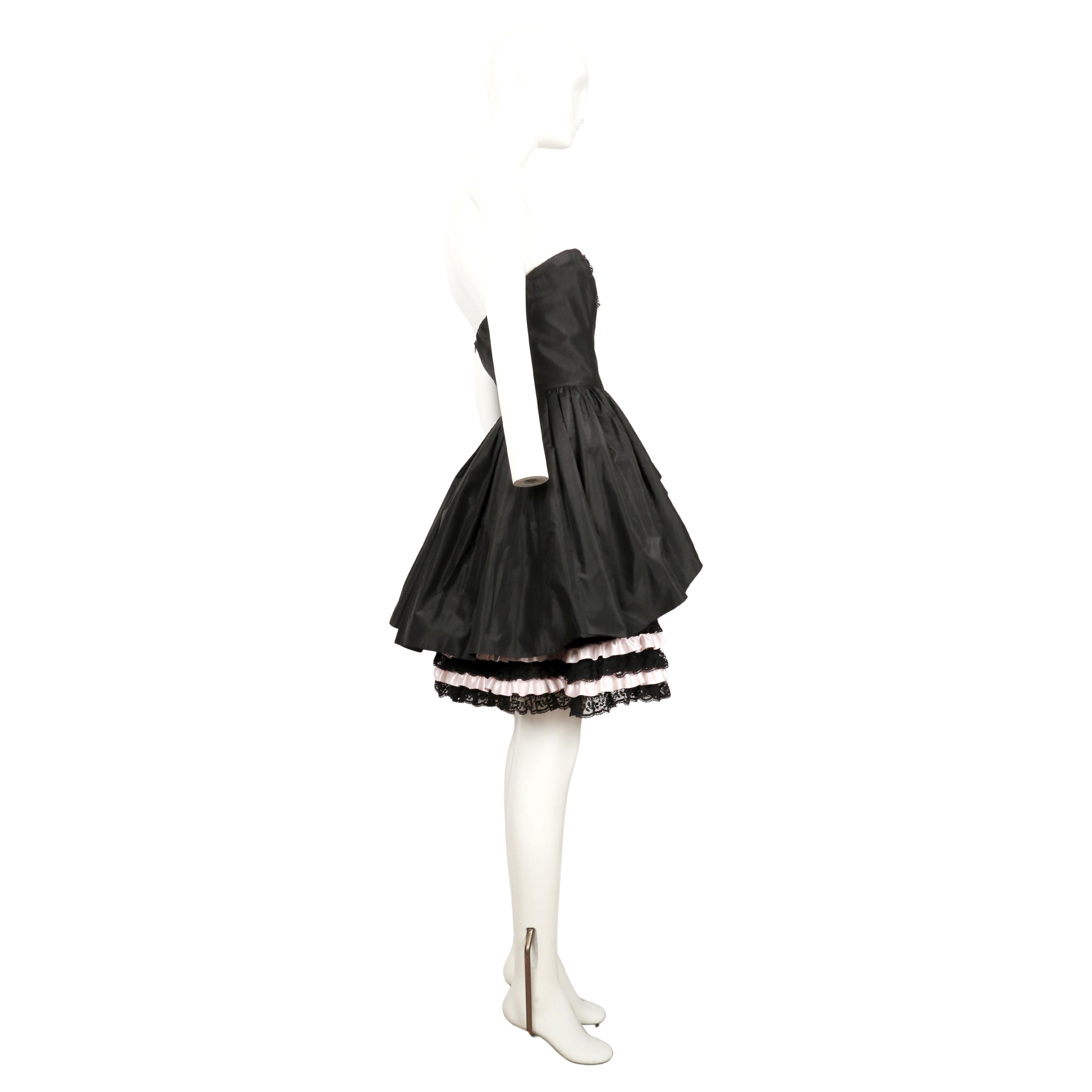1980's LORIS AZZARO black and pink Haute Couture mini dress with lace ruffles In Good Condition For Sale In San Fransisco, CA