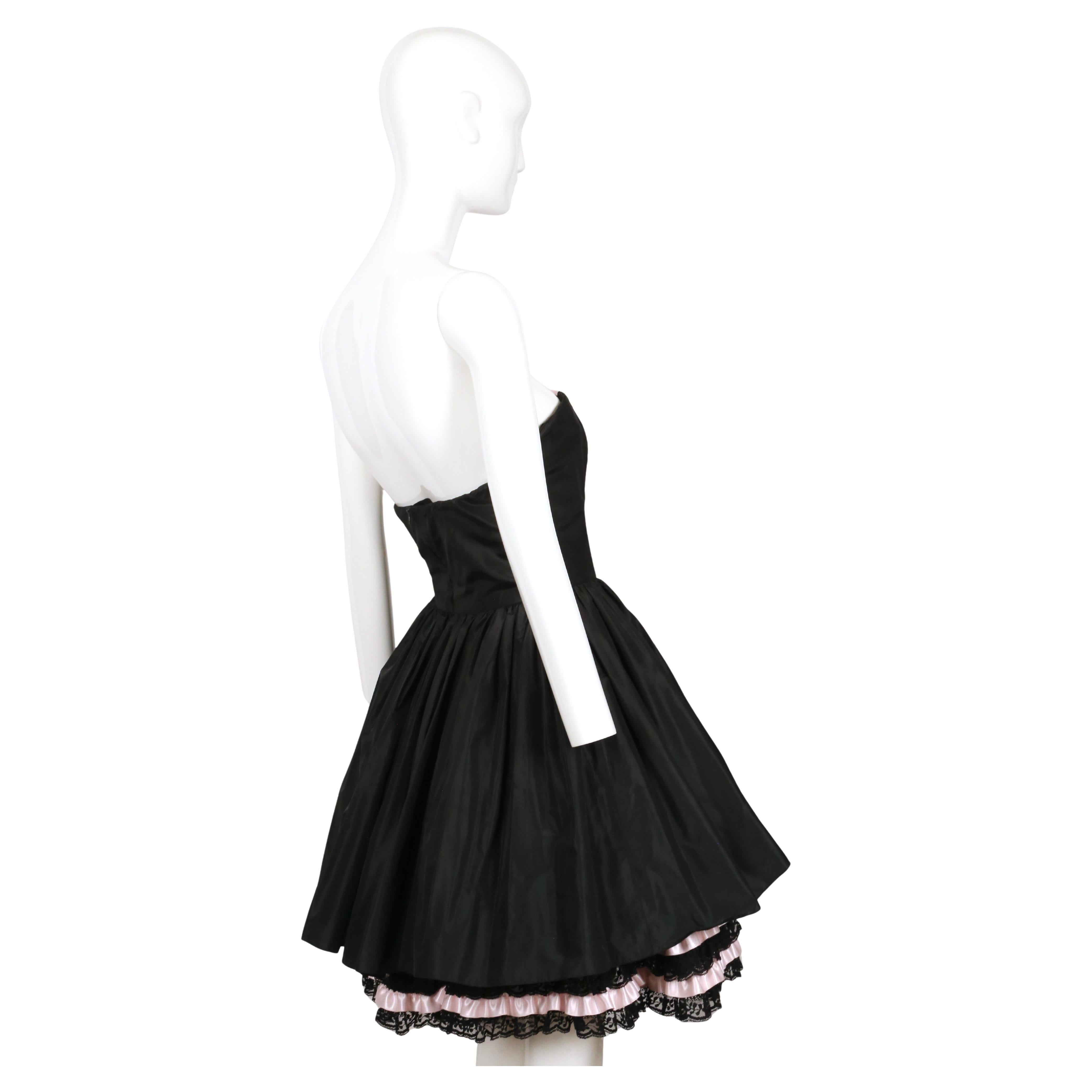 Women's or Men's 1980's LORIS AZZARO black and pink Haute Couture mini dress with lace ruffles For Sale