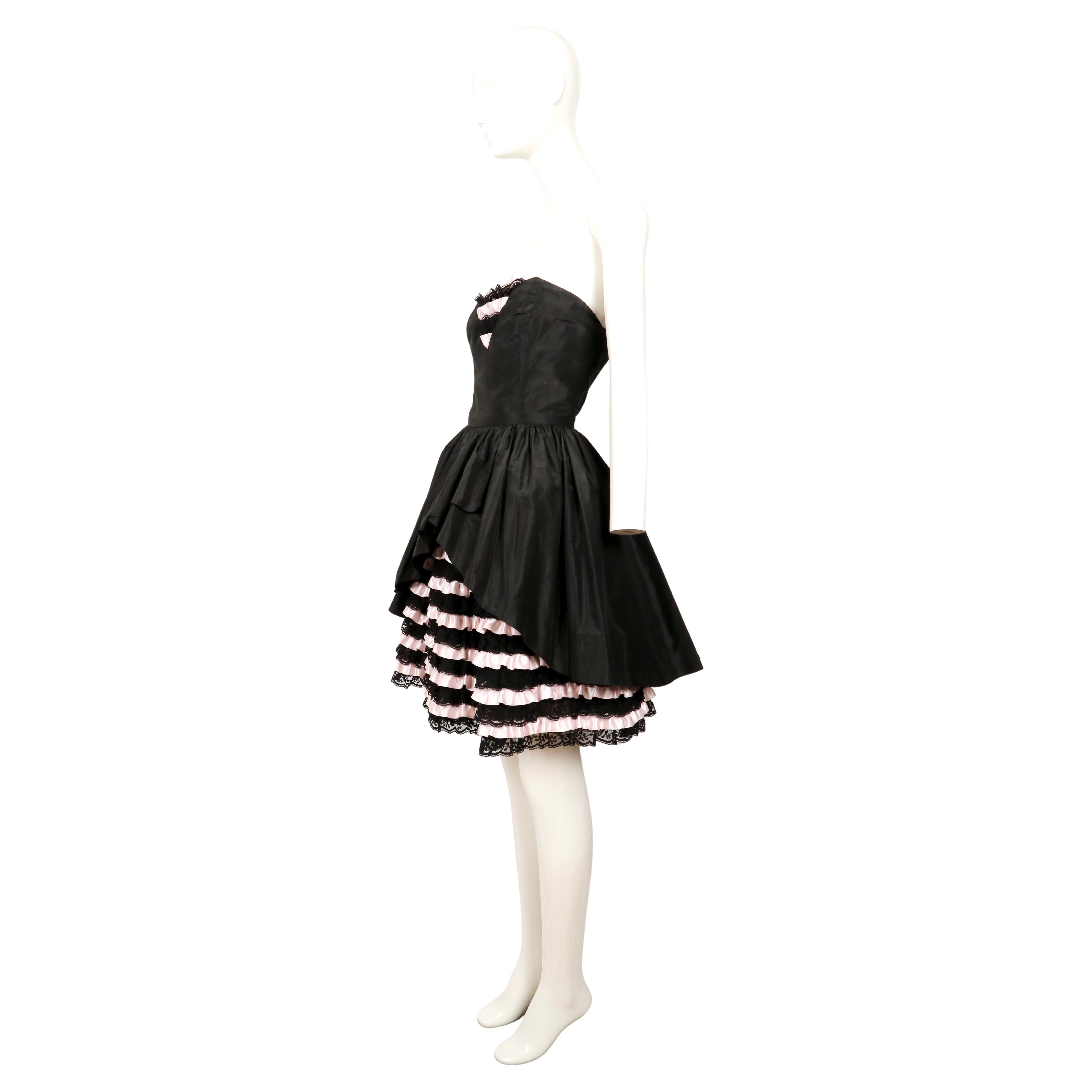 1980's LORIS AZZARO black and pink Haute Couture mini dress with lace ruffles For Sale 1