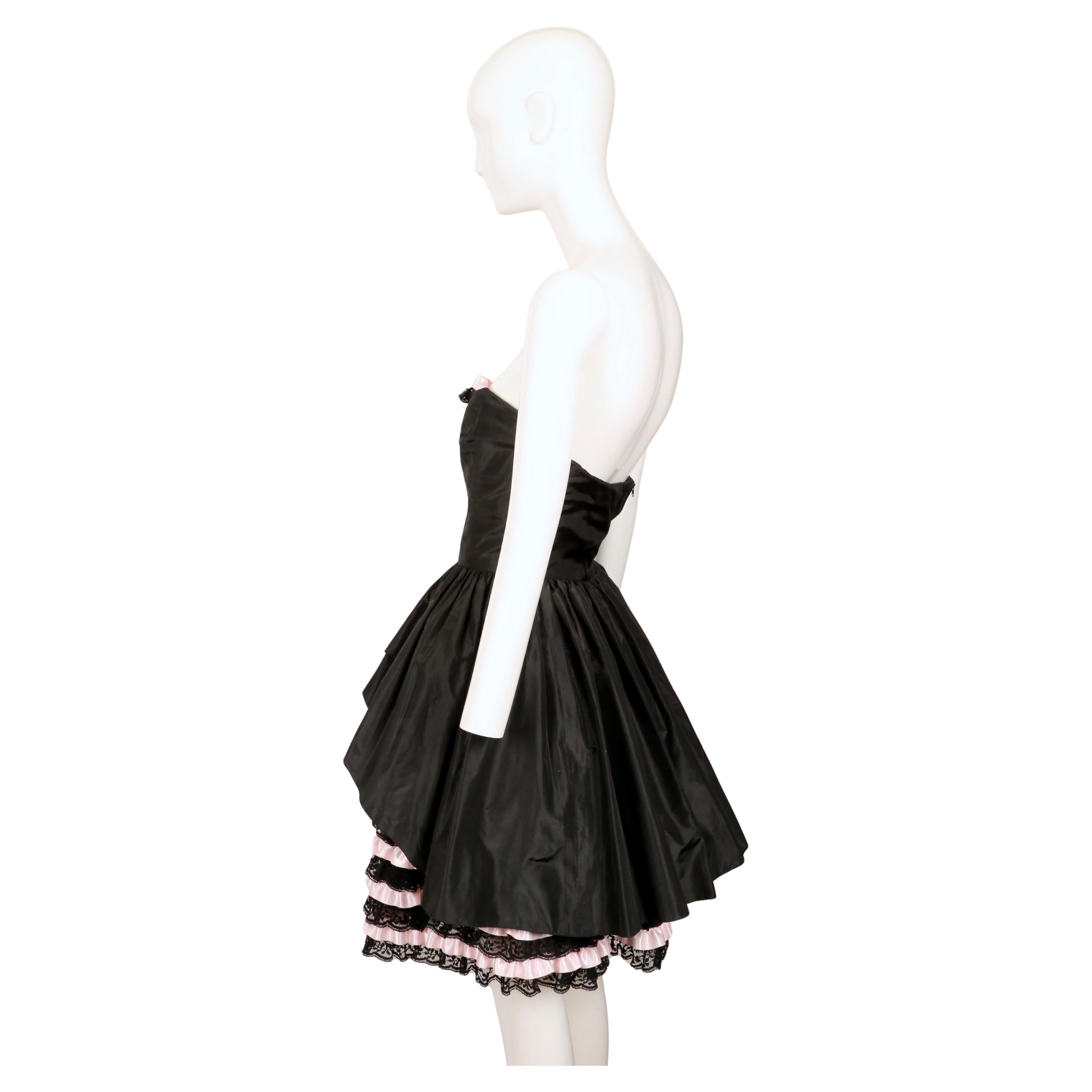 1980's LORIS AZZARO black and pink Haute Couture mini dress with lace ruffles For Sale 2