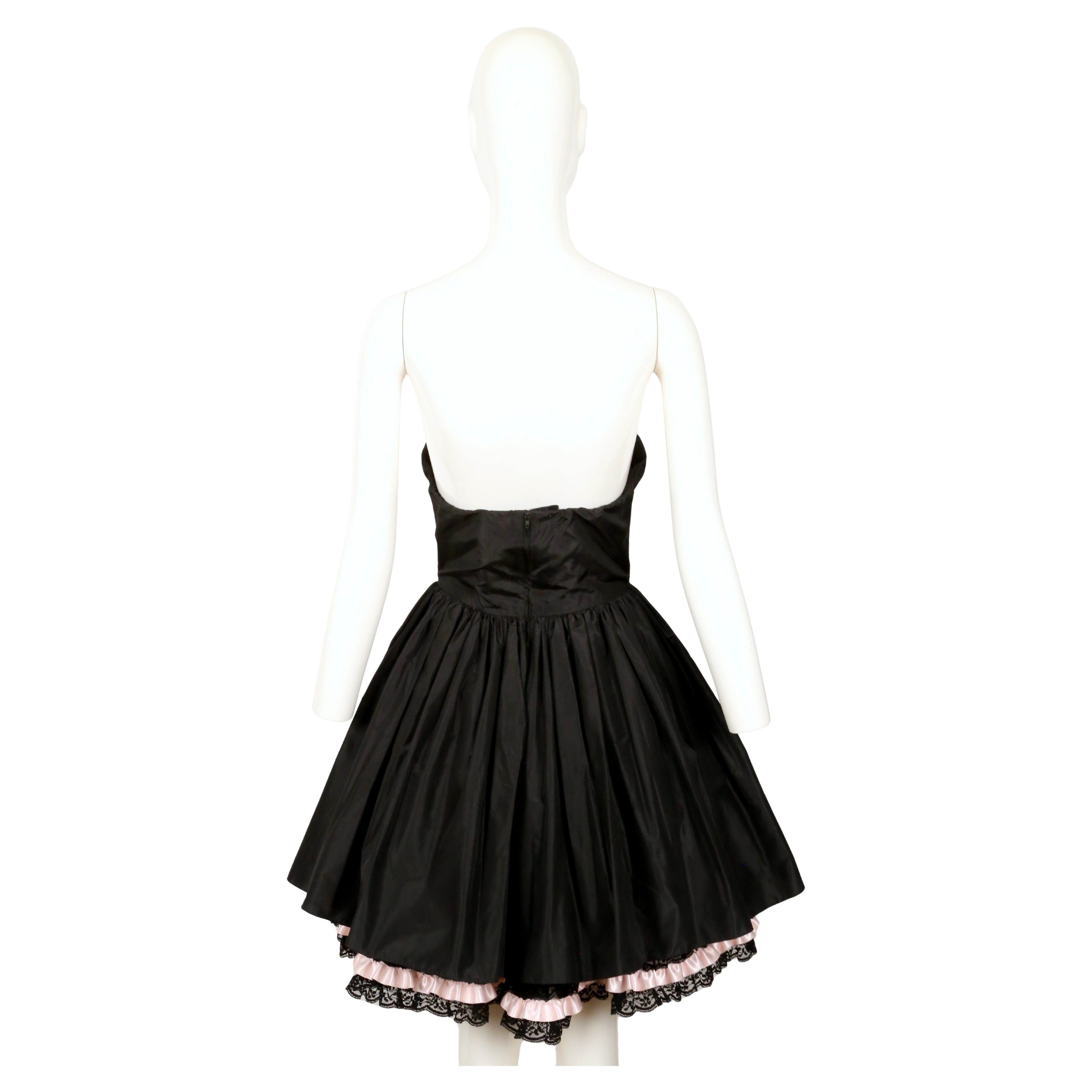 1980's LORIS AZZARO black and pink Haute Couture mini dress with lace ruffles For Sale 3