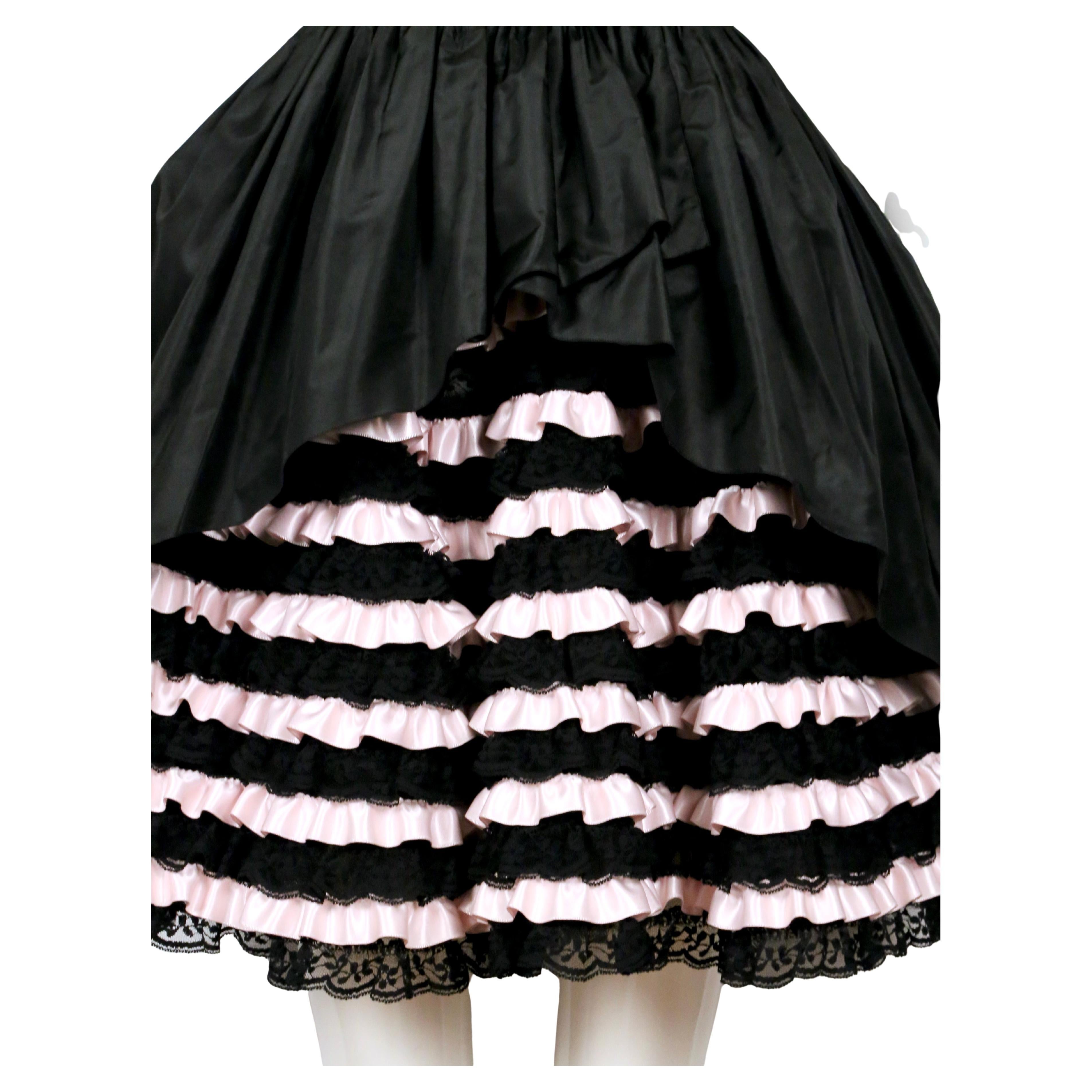 1980's LORIS AZZARO black and pink Haute Couture mini dress with lace ruffles For Sale 4