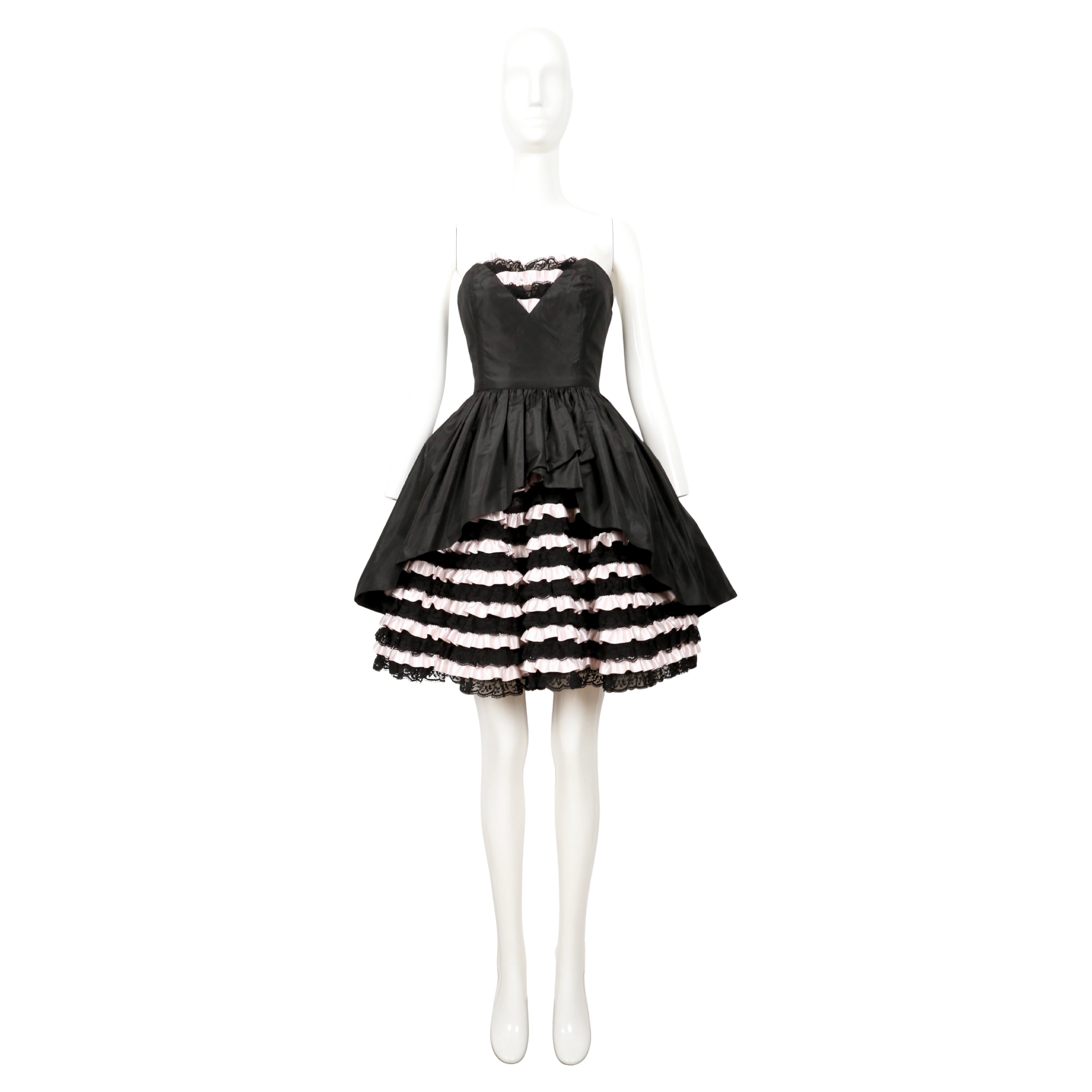 1980's LORIS AZZARO black and pink Haute Couture mini dress with lace ruffles For Sale