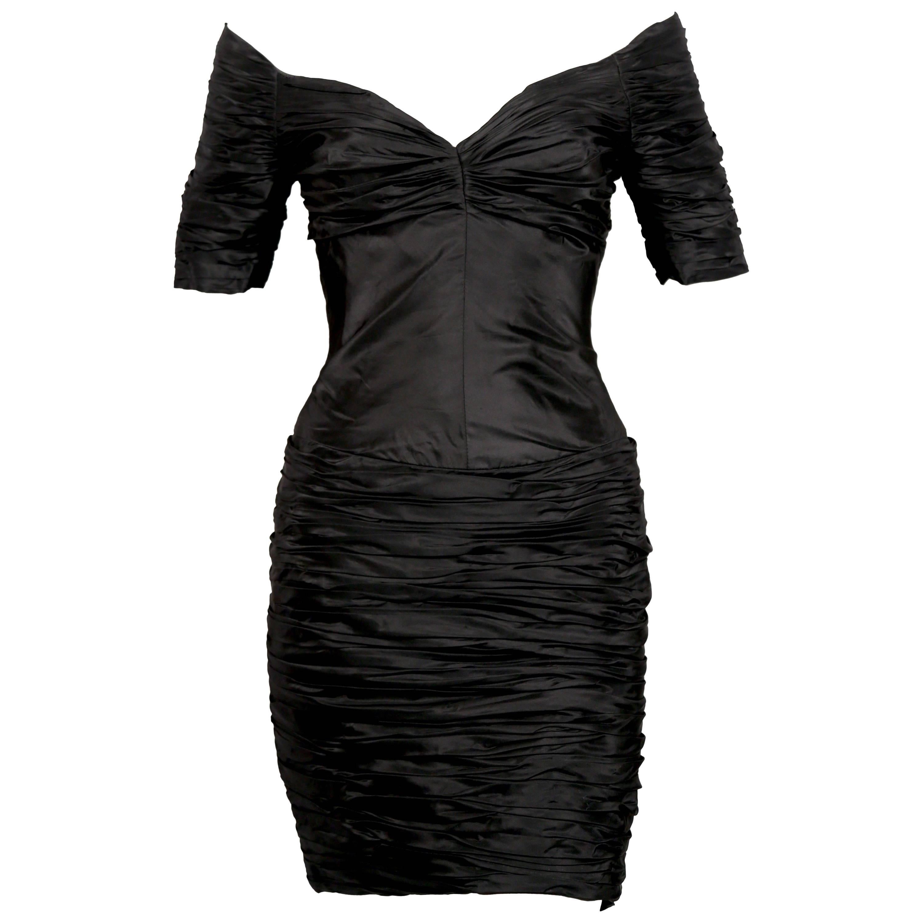 1980's LORIS AZZARO black ruched off the shoulder dress  For Sale