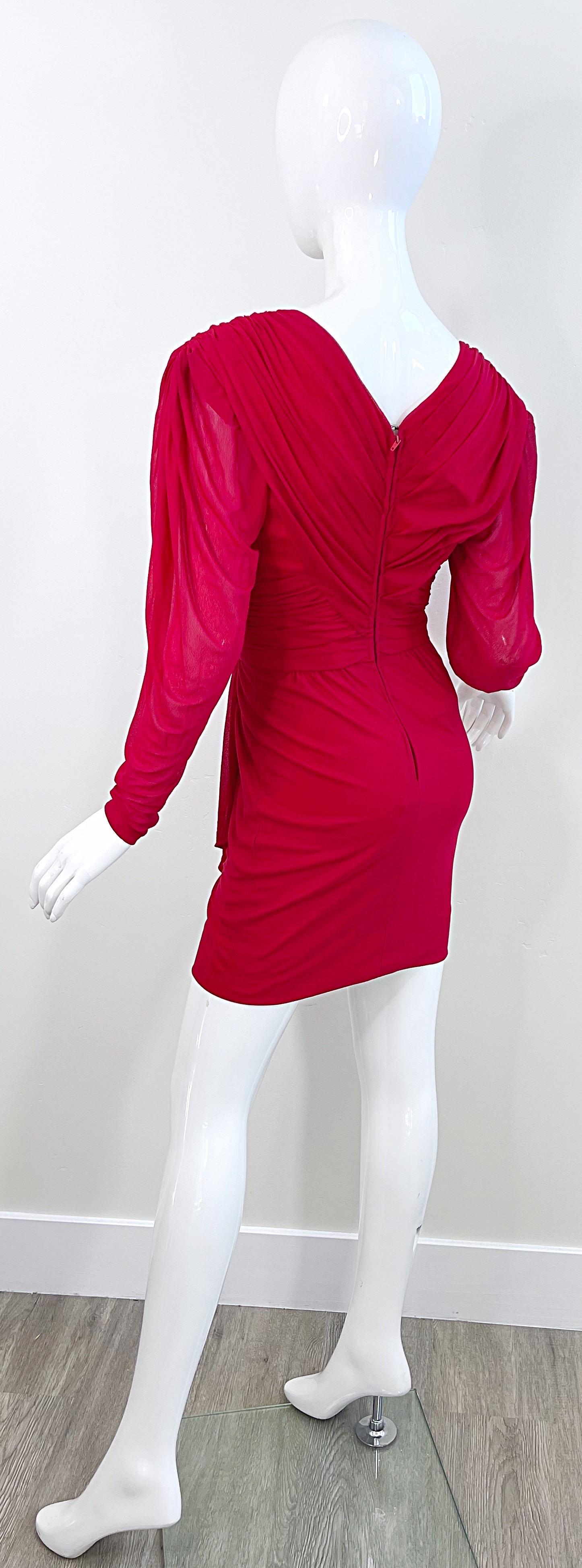 1970s Loris Azzaro Lipstick Red Silk Chiffon Jersey Long Sleeve 70s Mini Dress For Sale 5