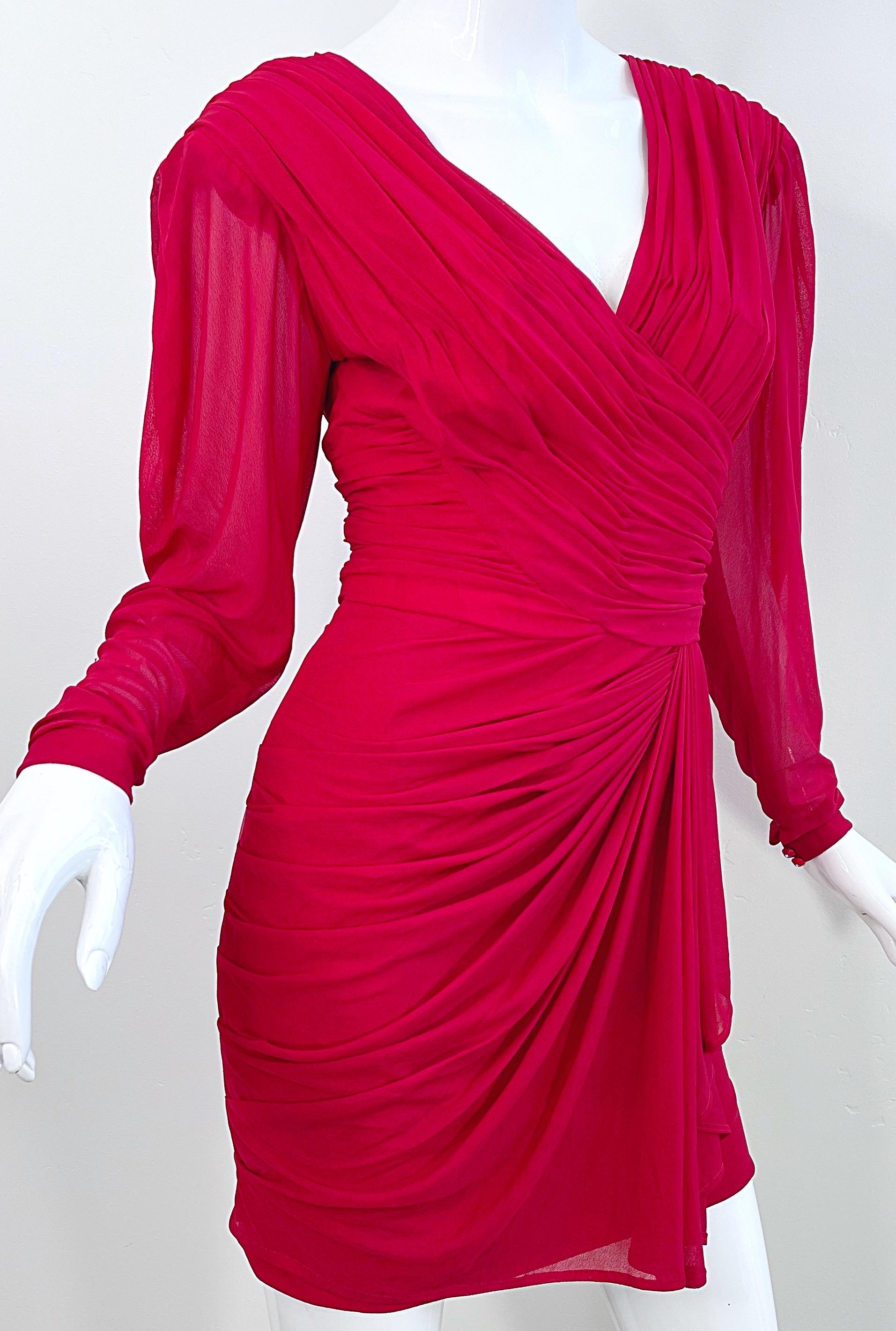 1970s Loris Azzaro Lipstick Red Silk Chiffon Jersey Long Sleeve 70s Mini Dress For Sale 7