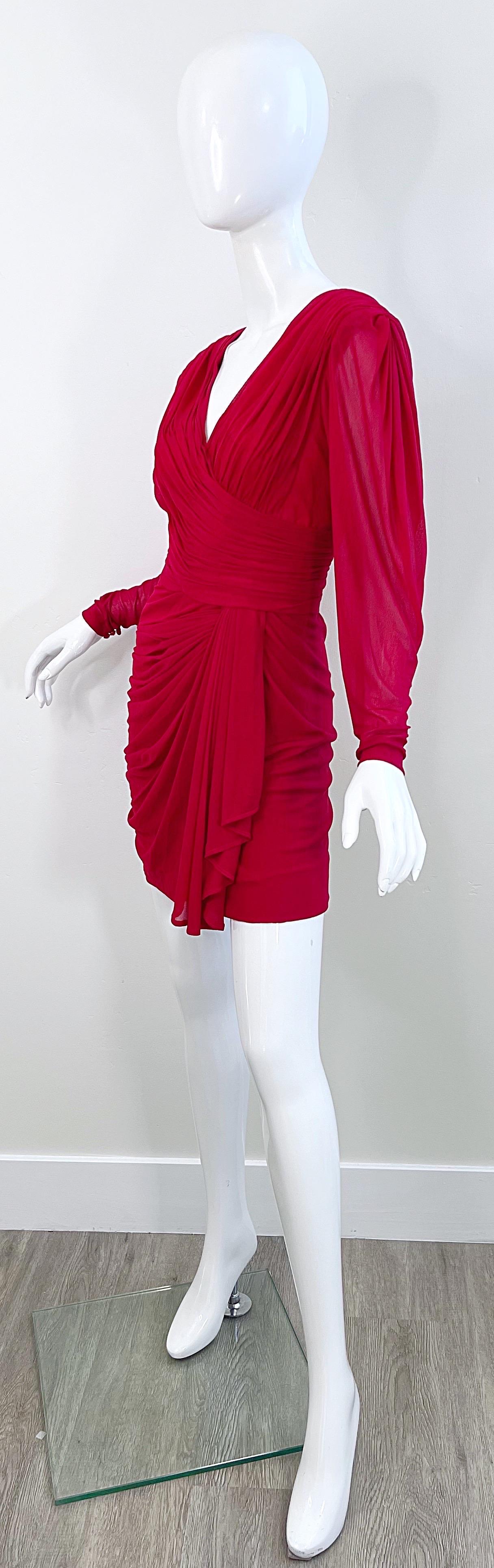 1970s Loris Azzaro Lipstick Red Silk Chiffon Jersey Long Sleeve 70s Mini Dress For Sale 8
