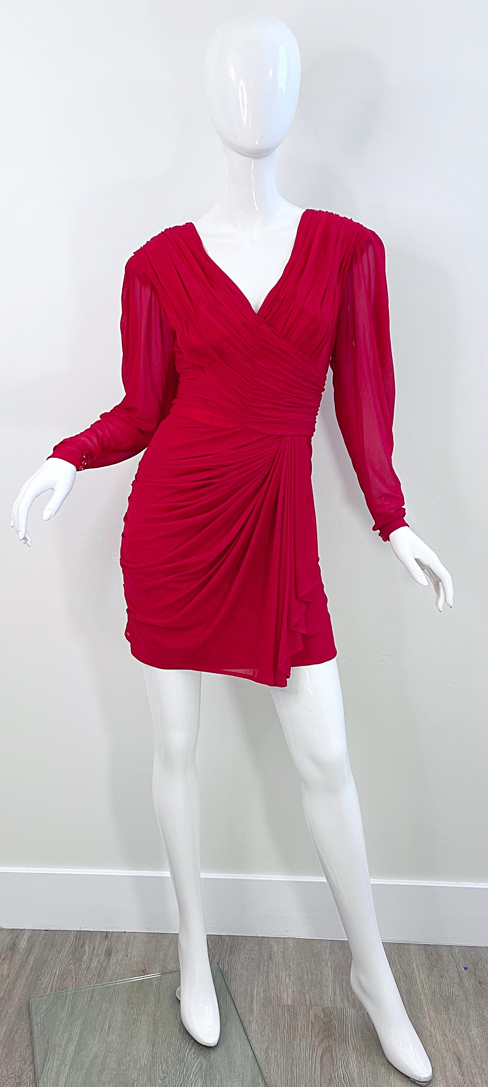 1970s Loris Azzaro Lipstick Red Silk Chiffon Jersey Long Sleeve 70s Mini Dress For Sale 9