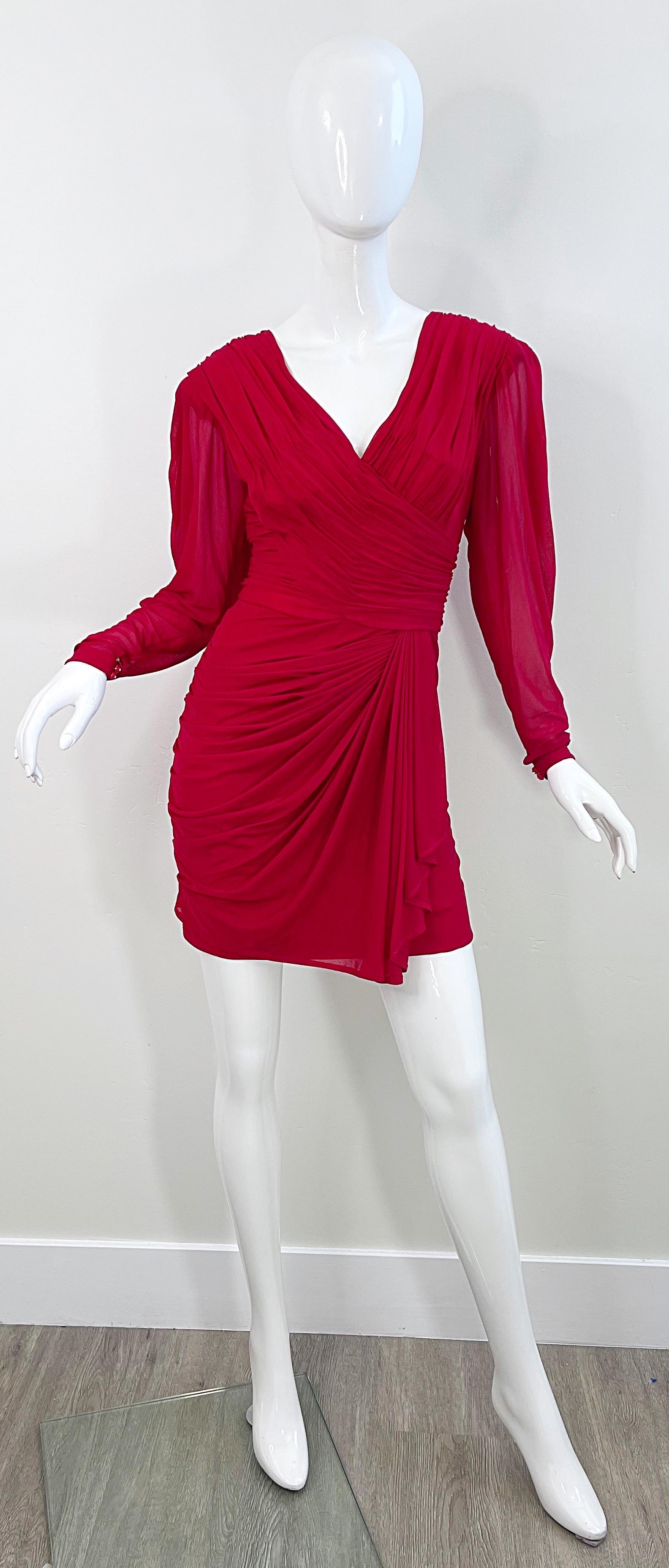 1970s Loris Azzaro Lipstick Red Silk Chiffon Jersey Long Sleeve 70s Mini Dress In Excellent Condition For Sale In San Diego, CA