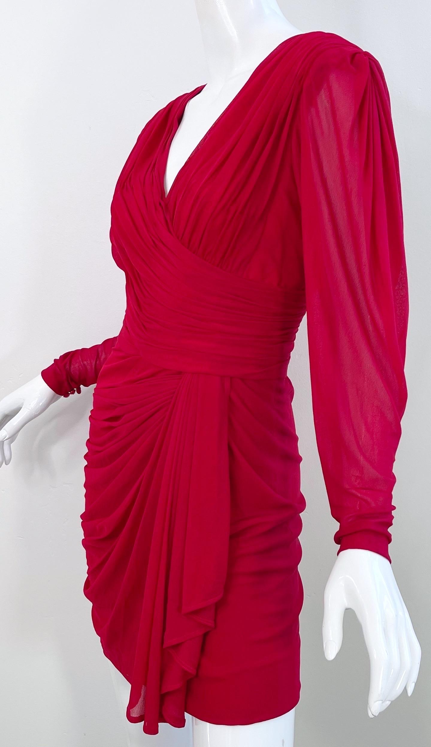 Women's 1970s Loris Azzaro Lipstick Red Silk Chiffon Jersey Long Sleeve 70s Mini Dress For Sale