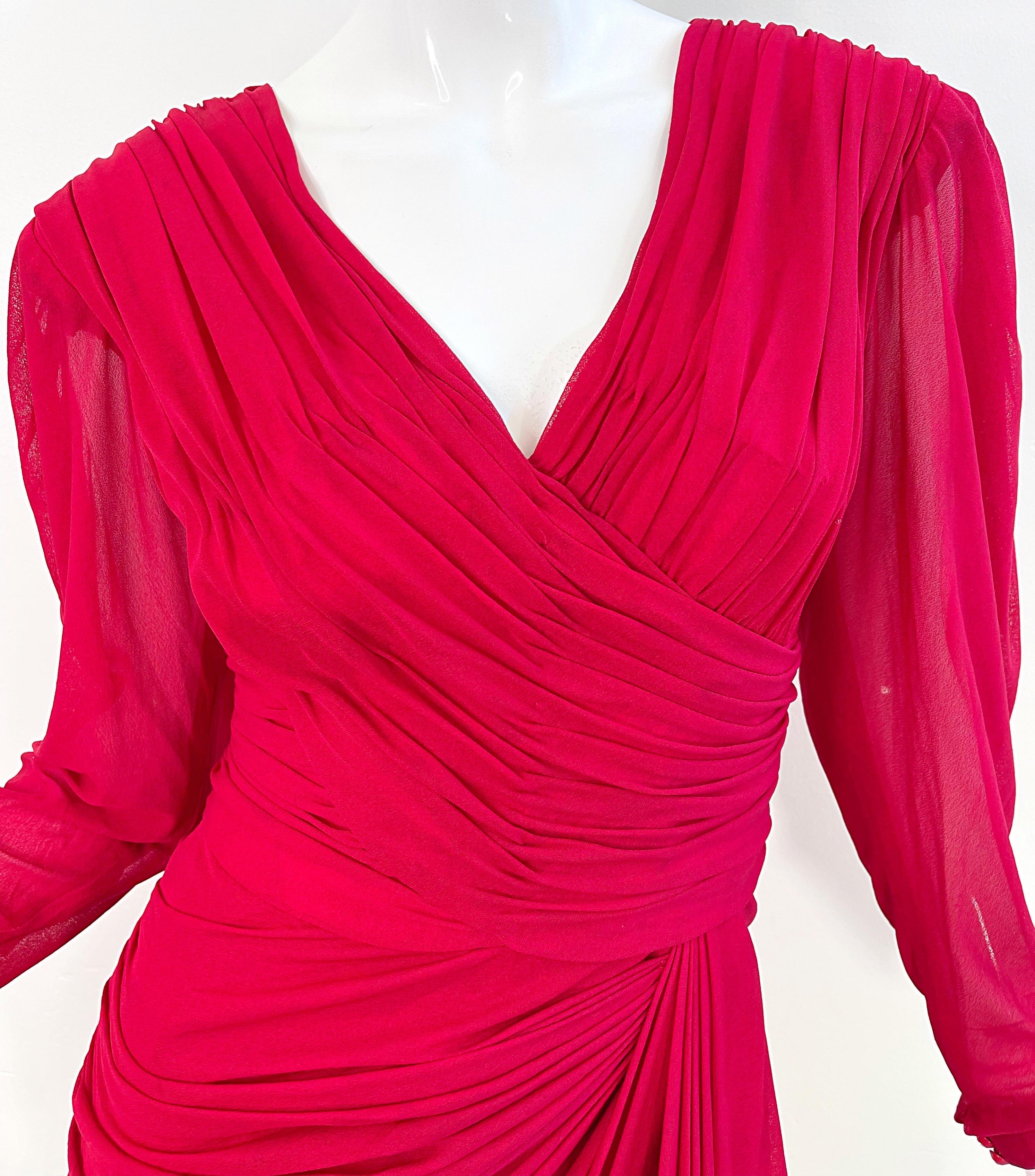 1970s Loris Azzaro Lipstick Red Silk Chiffon Jersey Long Sleeve 70s Mini Dress For Sale 2