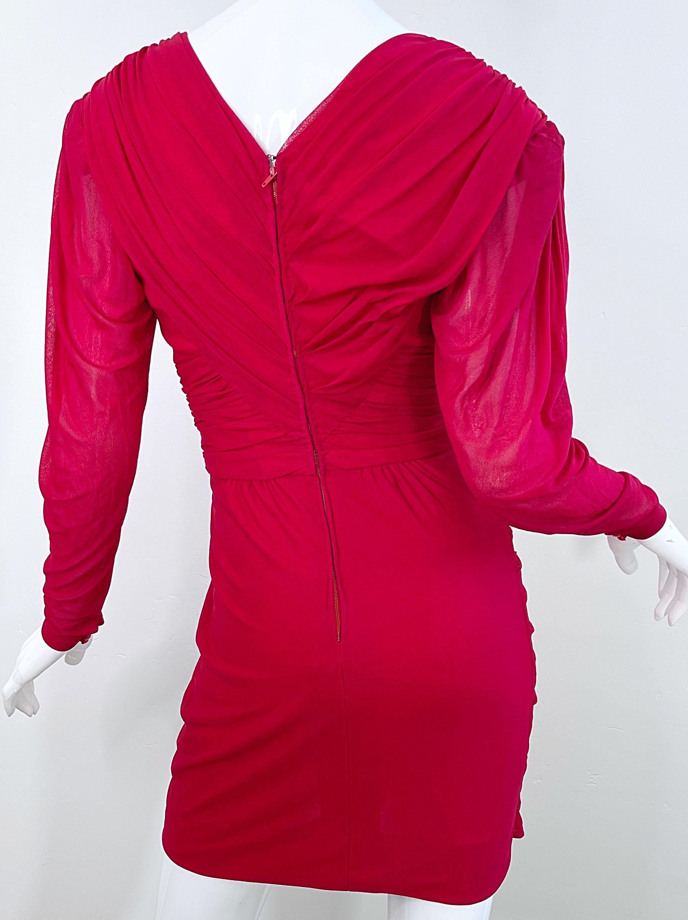1970s Loris Azzaro Lipstick Red Silk Chiffon Jersey Long Sleeve 70s Mini Dress For Sale 4