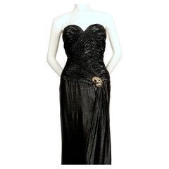 vintage LORIS AZZARO metallic black ruched dress with beaded waist embellishment