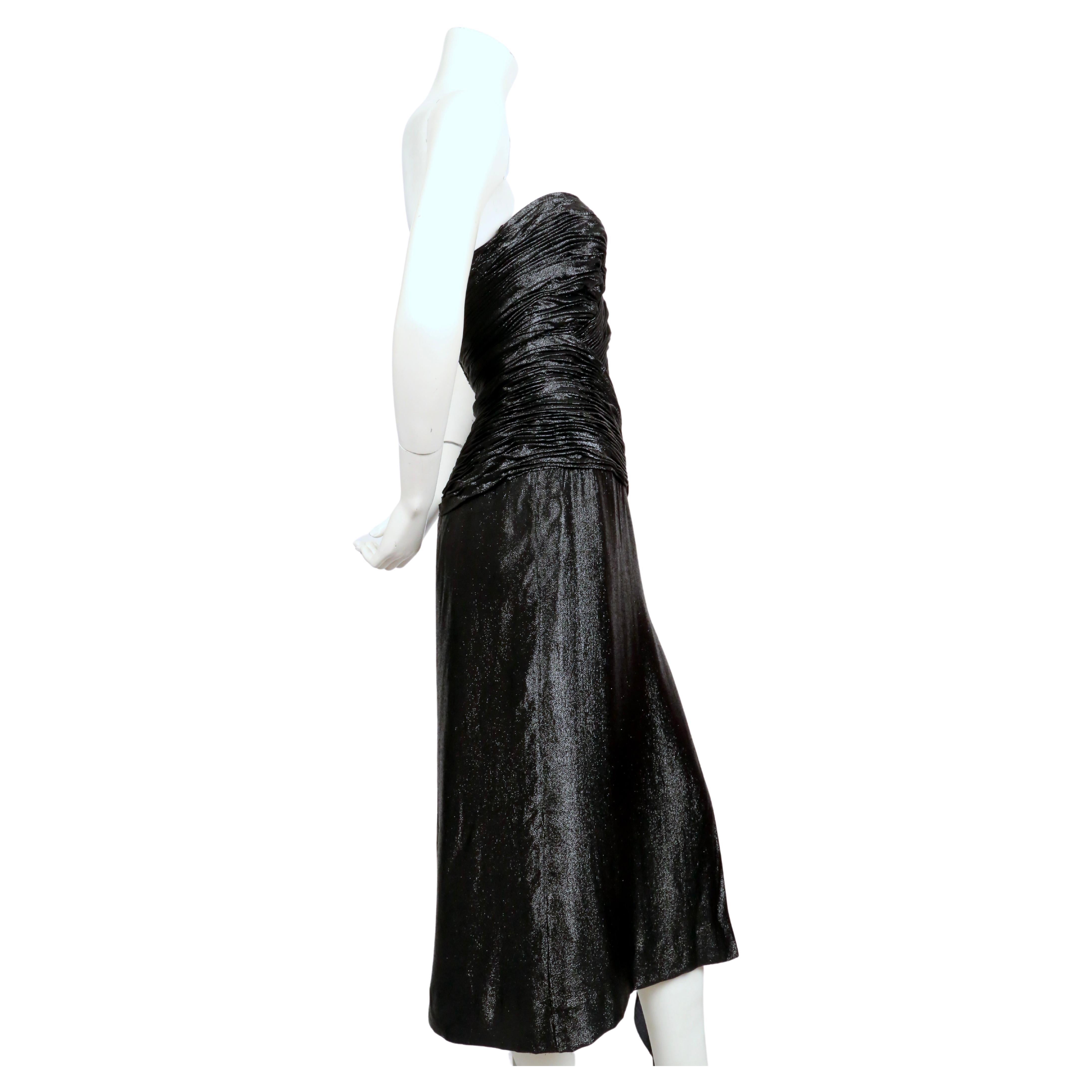 Women's or Men's 1980's LORIS AZZARO metallic black ruched dress with beaded waist embellishment For Sale