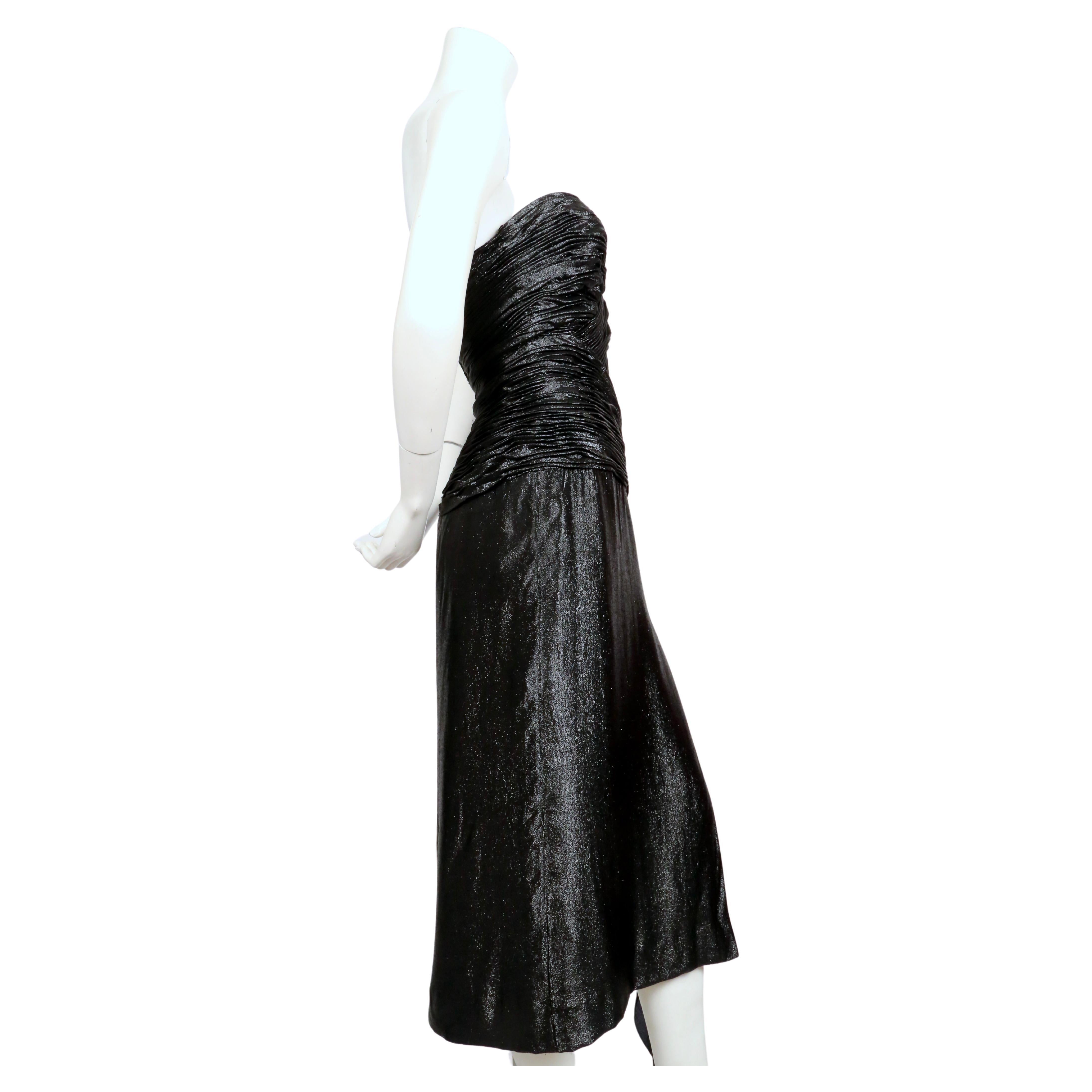 1980's LORIS AZZARO metallic black ruched dress with beaded waist embellishment In Good Condition For Sale In San Fransisco, CA