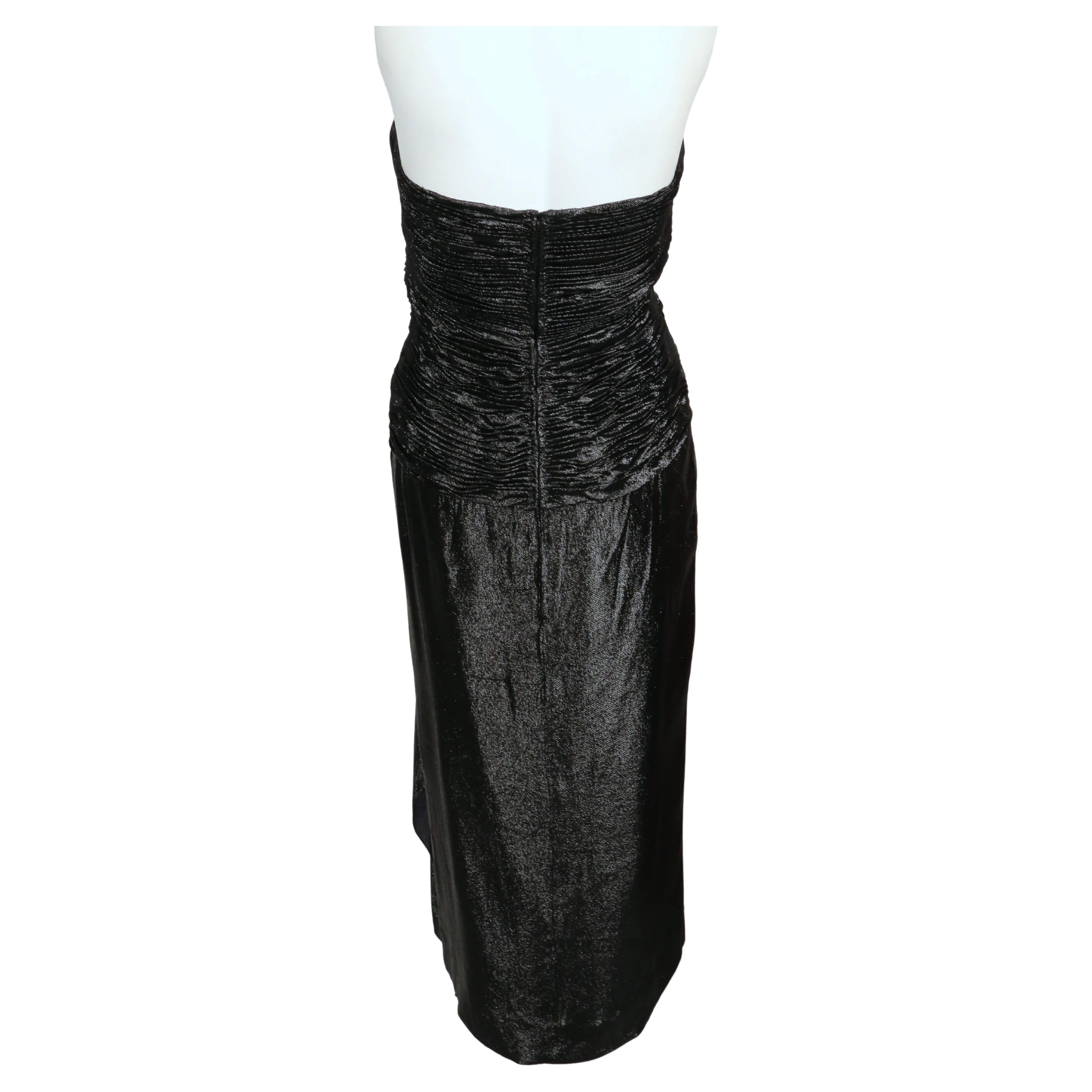 1980's LORIS AZZARO metallic black ruched dress with beaded waist embellishment For Sale 2