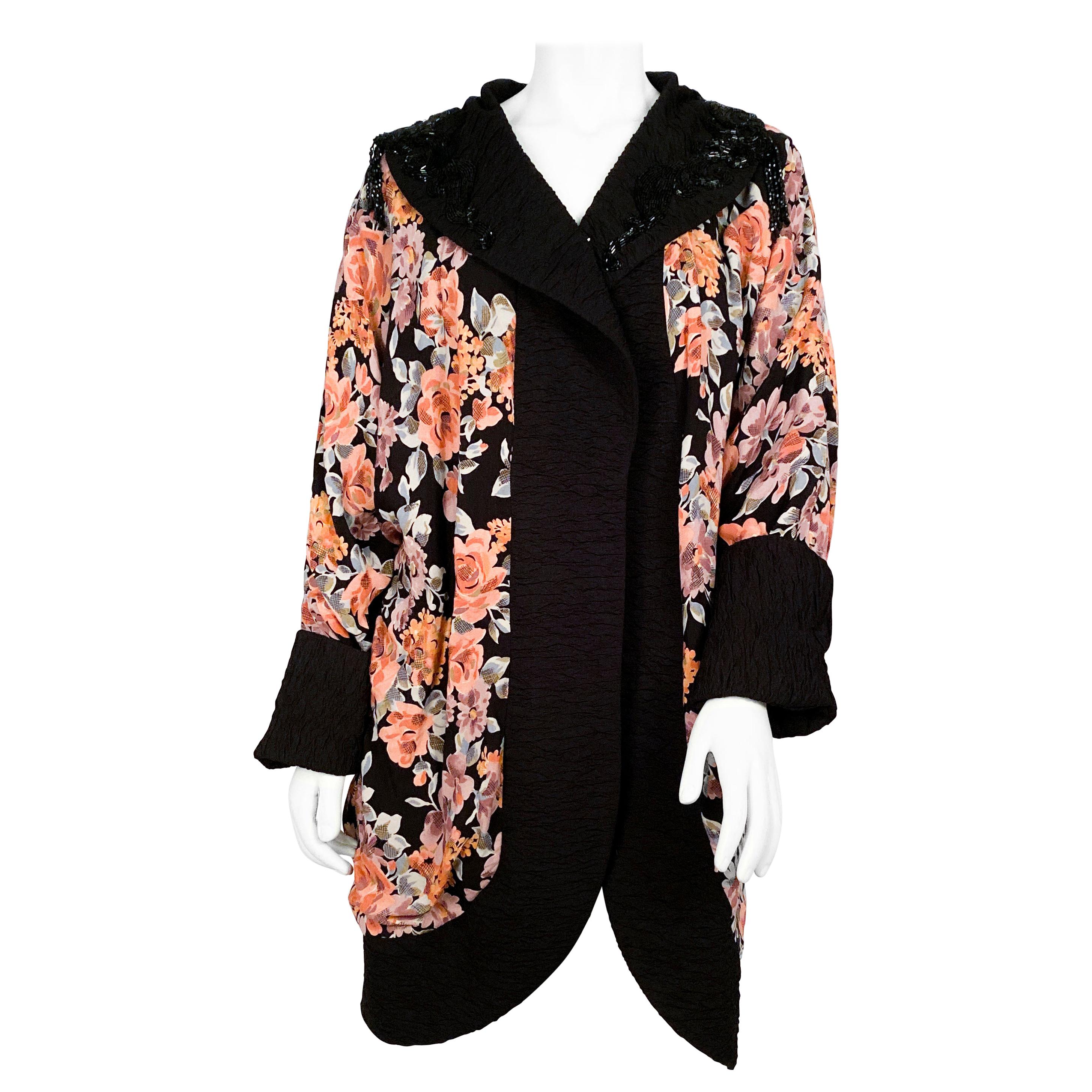 1980s Lorrie Kabalan Floral Printed Cocoon Coat For Sale