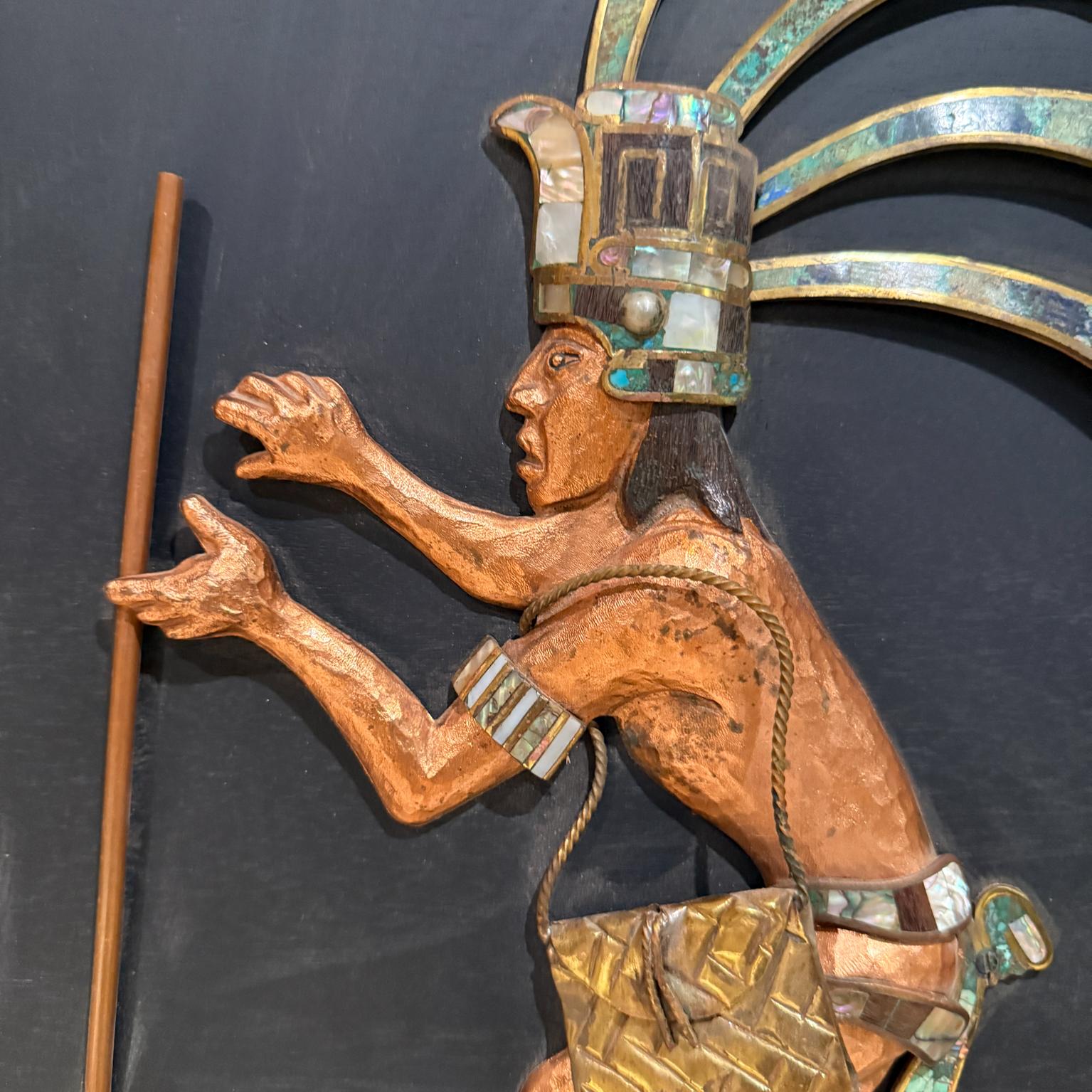 Late 20th Century Los Castillo Mayan Revival  Wall Art Copper Bronze Malachite Mosaico Azteca For Sale