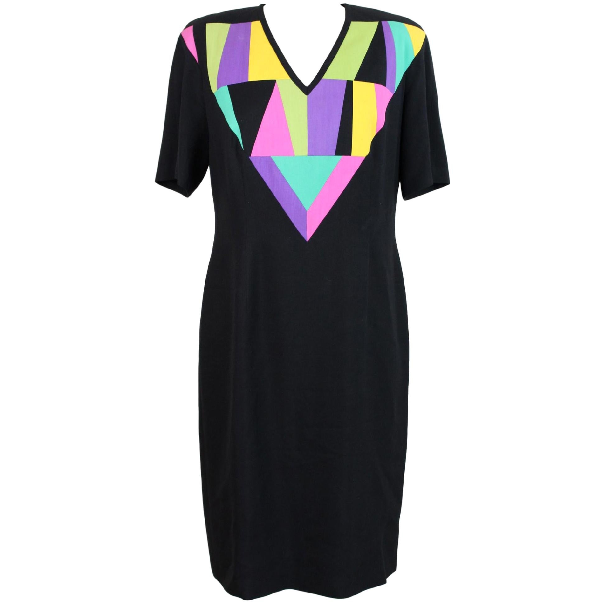 1980s Louis Feraud Black Silk Geometric Summer Dress 