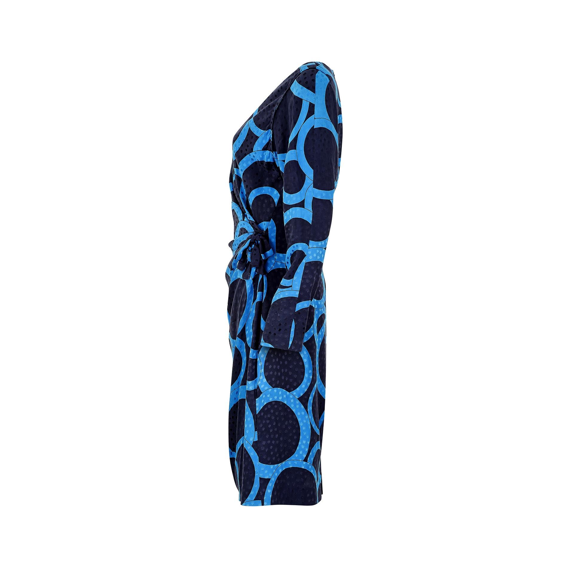Black 1980s Louis Feraud Navy and Turqouise Jacquard Silk Dress For Sale