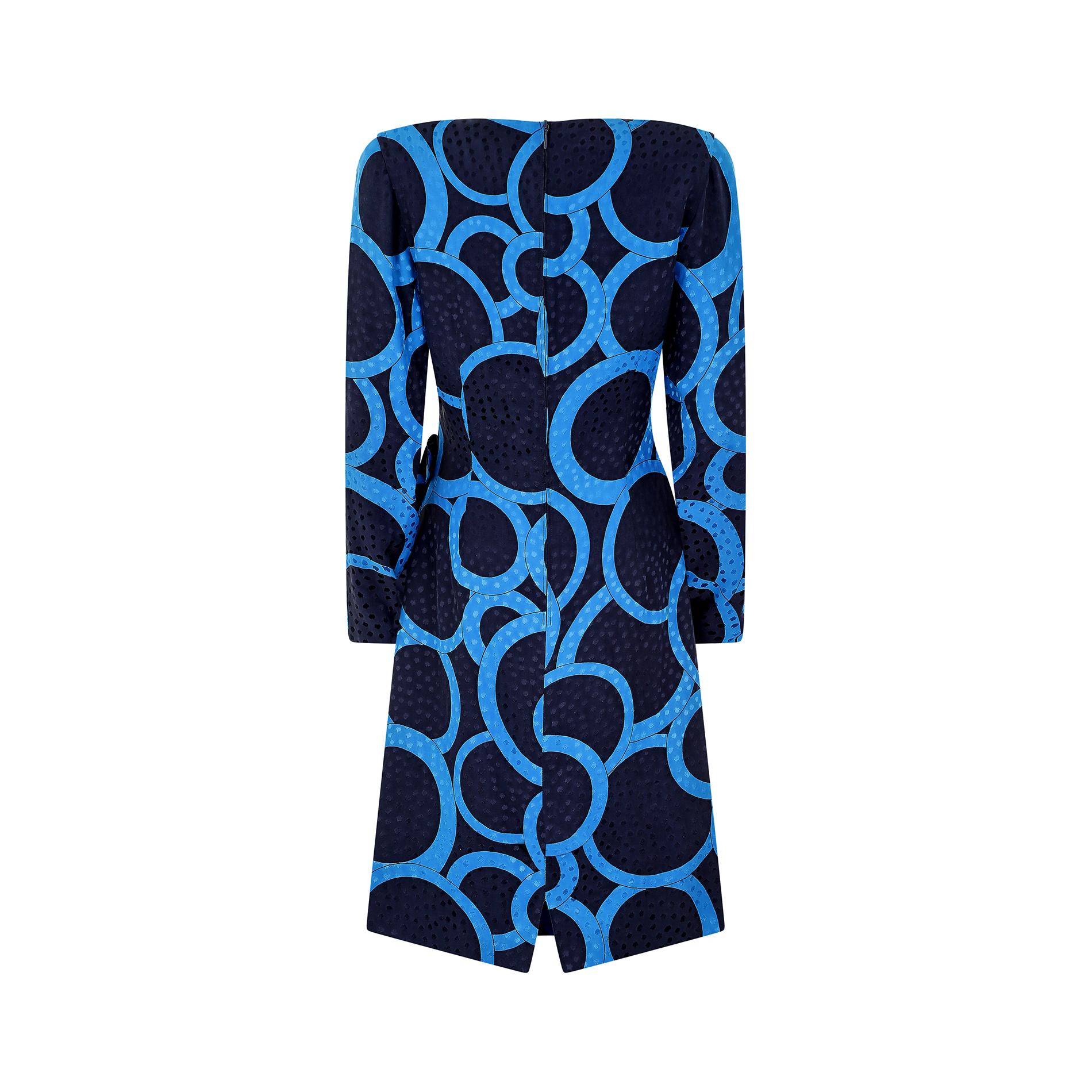1980s Louis Feraud Navy and Turqouise Jacquard Silk Dress In Excellent Condition For Sale In London, GB