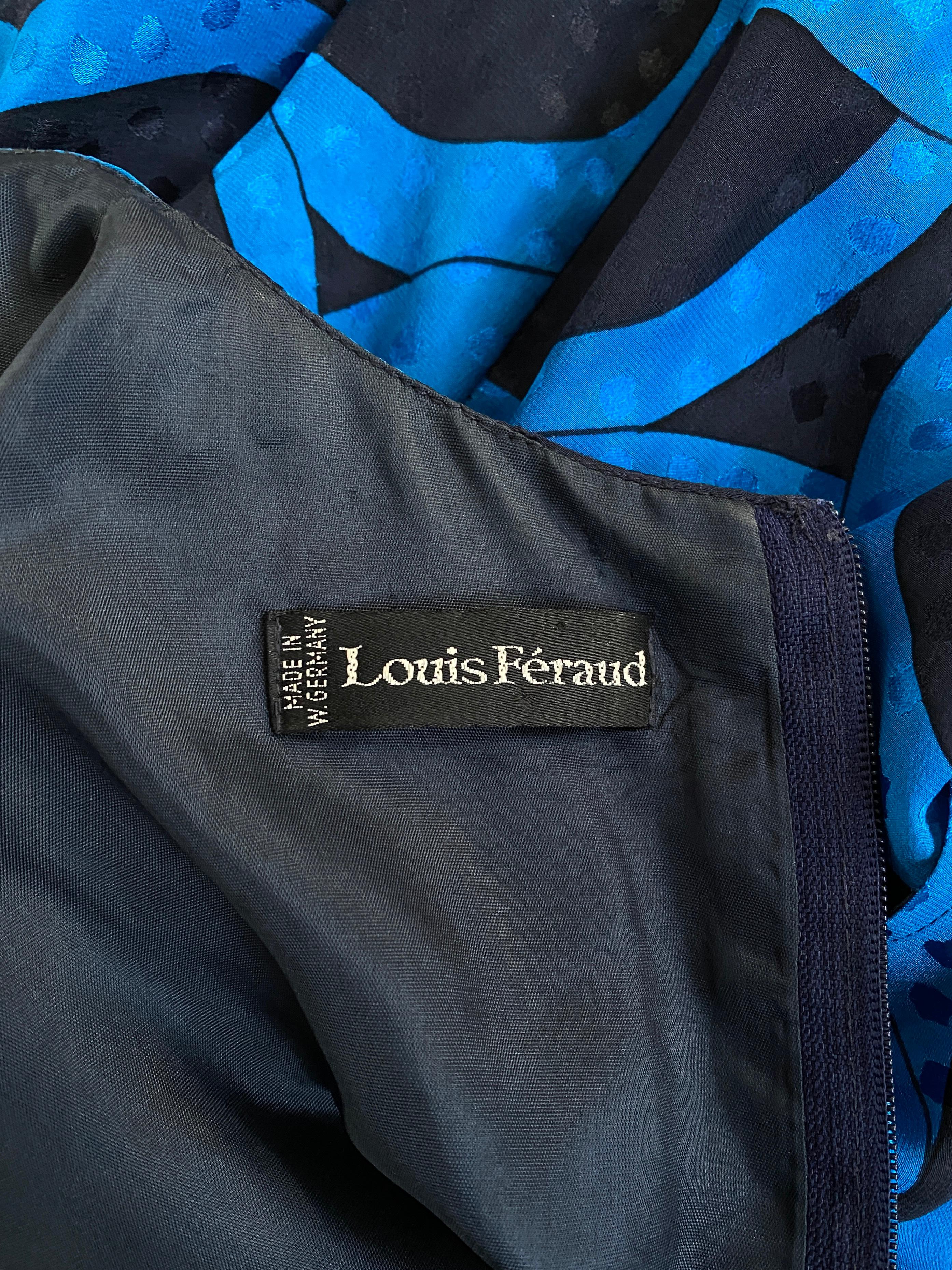 1980s Louis Feraud Navy and Turqouise Jacquard Silk Dress For Sale 1