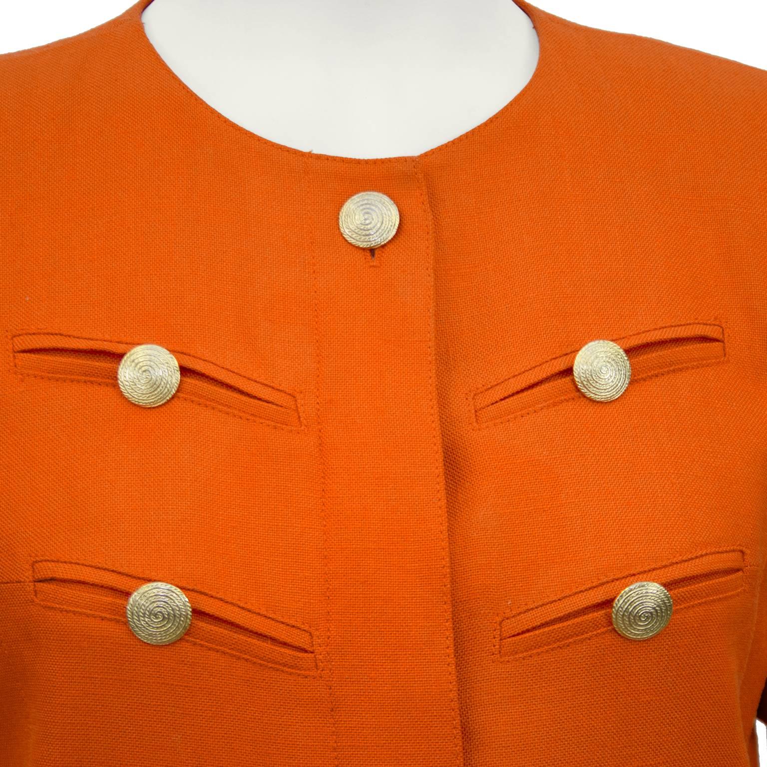 Women's 1980s Louis Feraud Orange Military Style Cropped Jacket