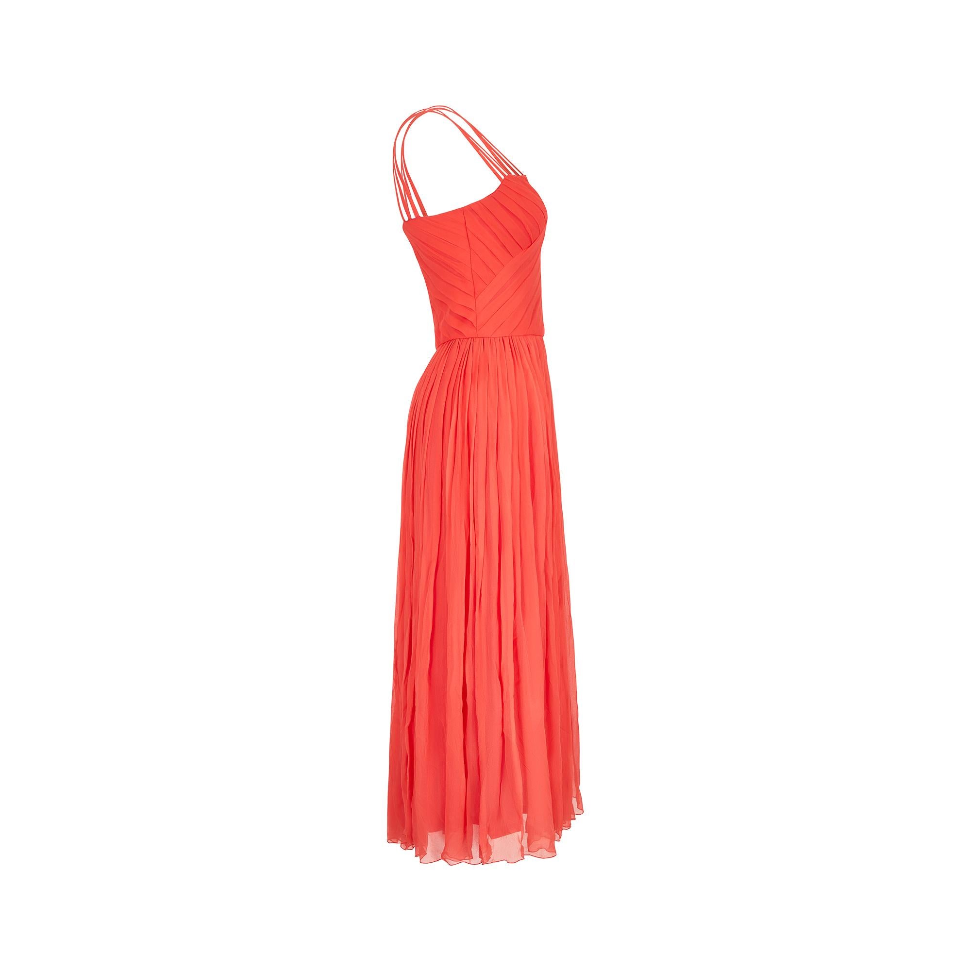 Red 1980s Louis Feraud Silk Orange Pleated Chiffon Dress For Sale