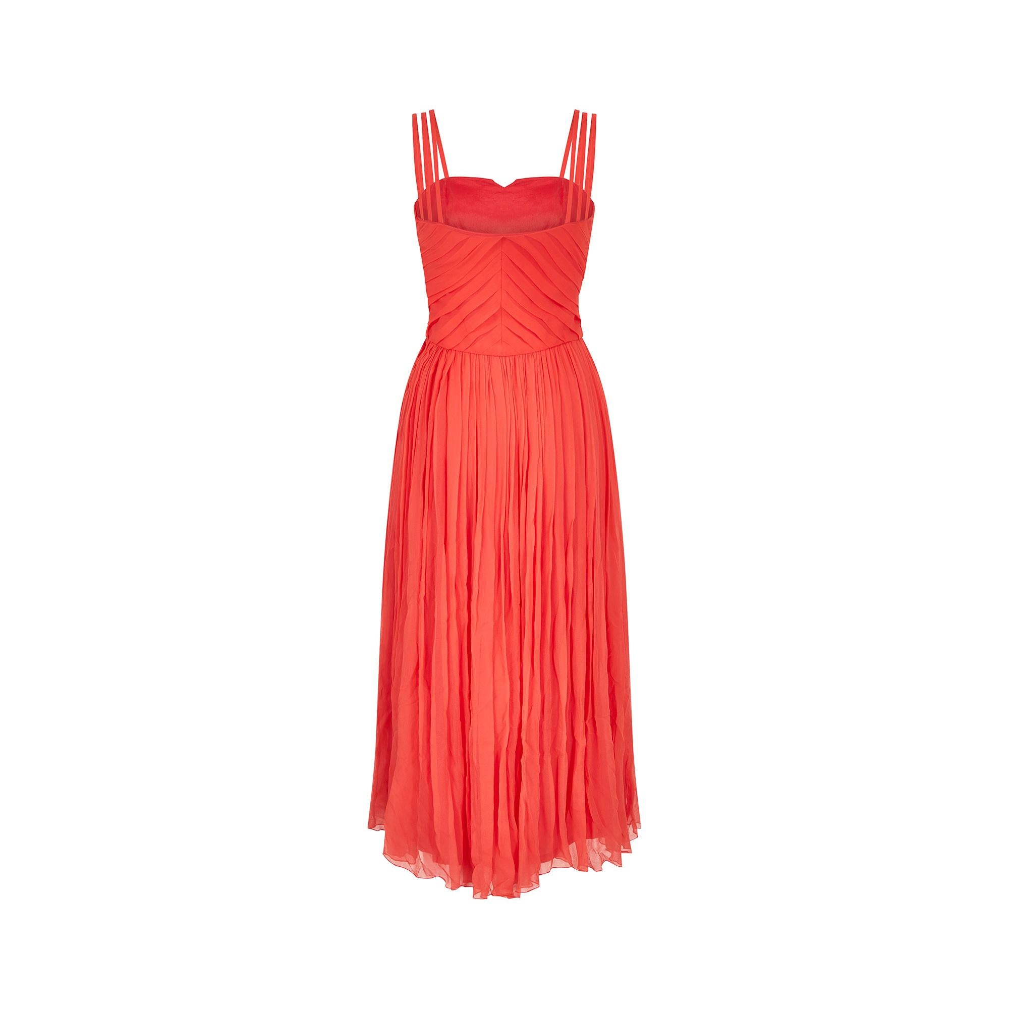 1980s Louis Feraud Silk Orange Pleated Chiffon Dress In Excellent Condition For Sale In London, GB