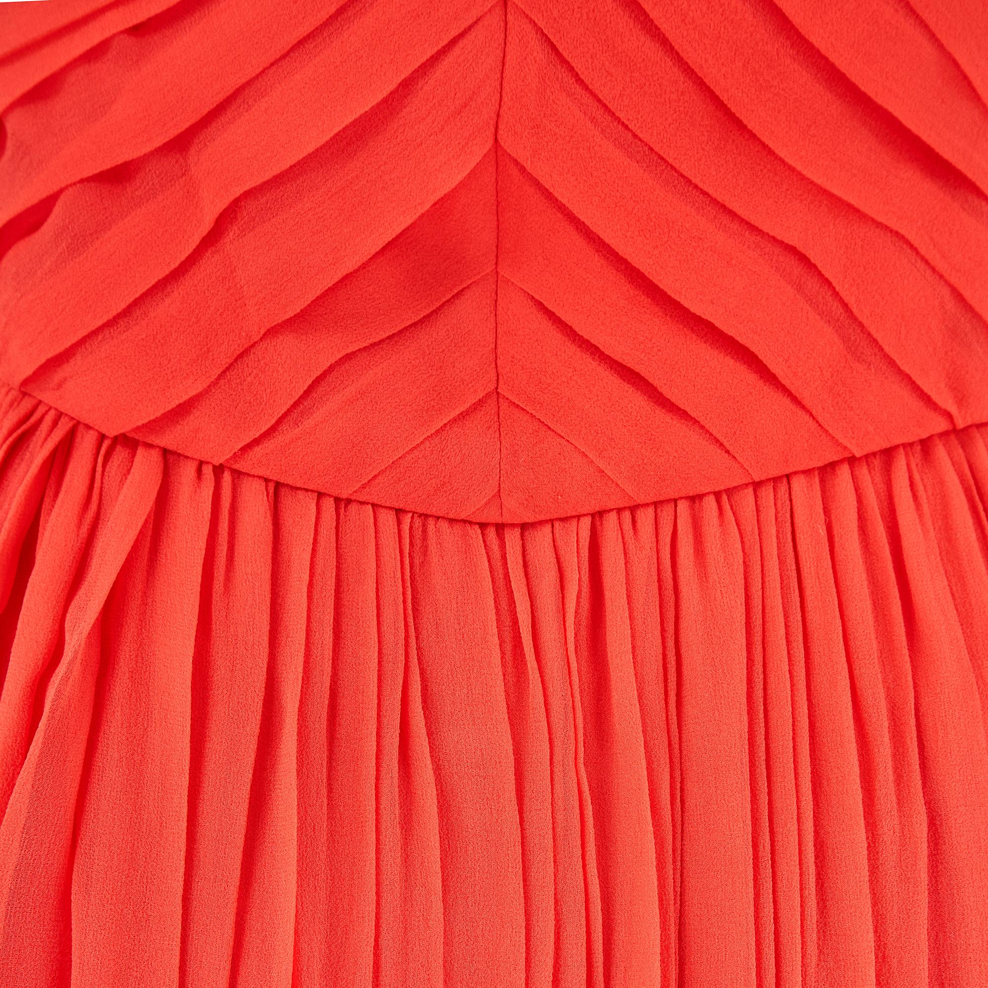 Women's 1980s Louis Feraud Silk Orange Pleated Chiffon Dress For Sale