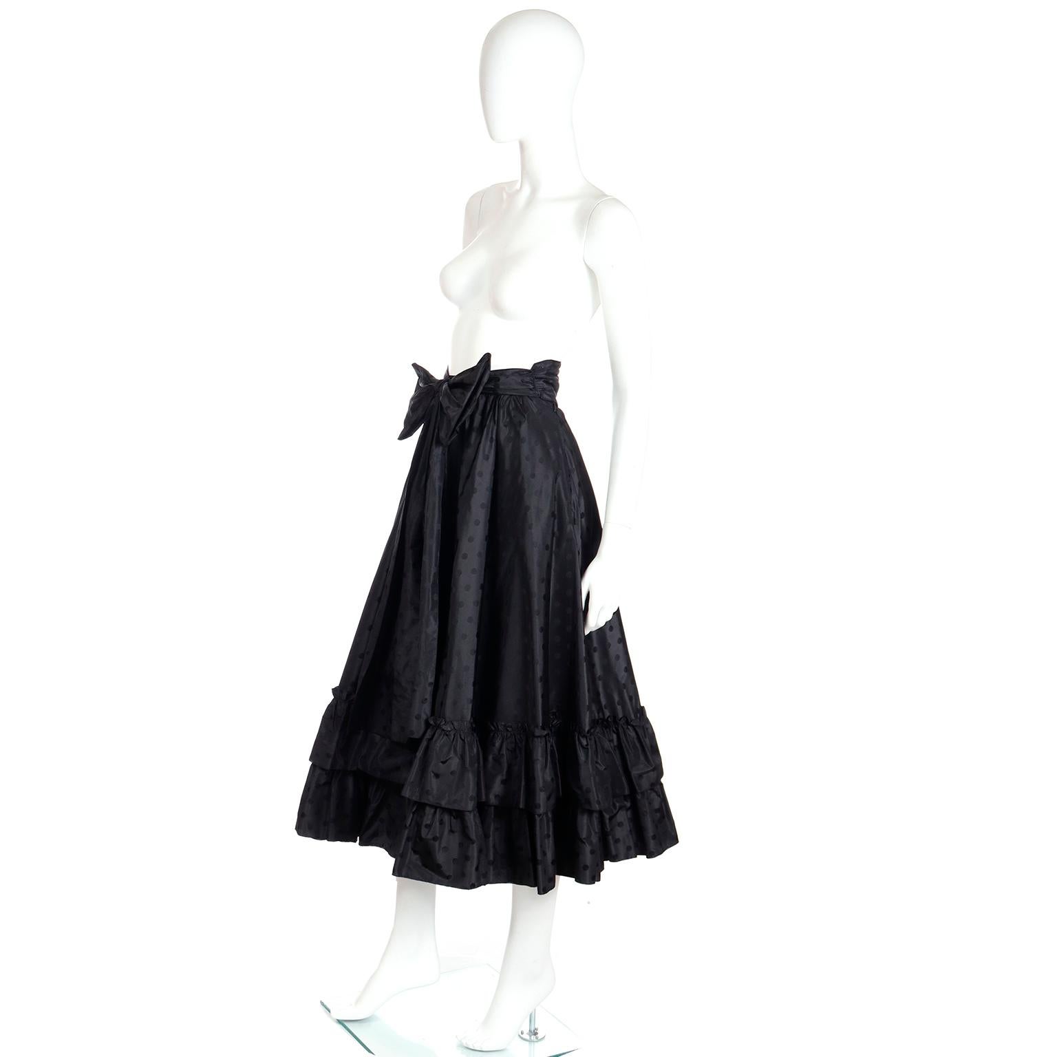 Noir 1980s Louis Feraud Vintage Black Silk Taffeta Polka Dot Ruffled Skirt w Belt en vente