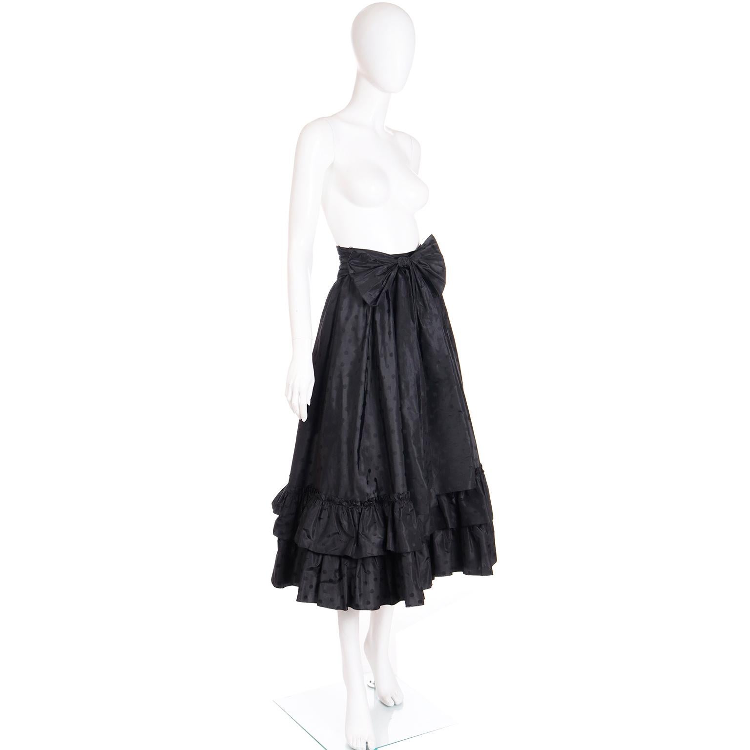 1980s Louis Feraud Vintage Black Silk Taffeta Polka Dot Ruffled Skirt w Belt In Excellent Condition For Sale In Portland, OR