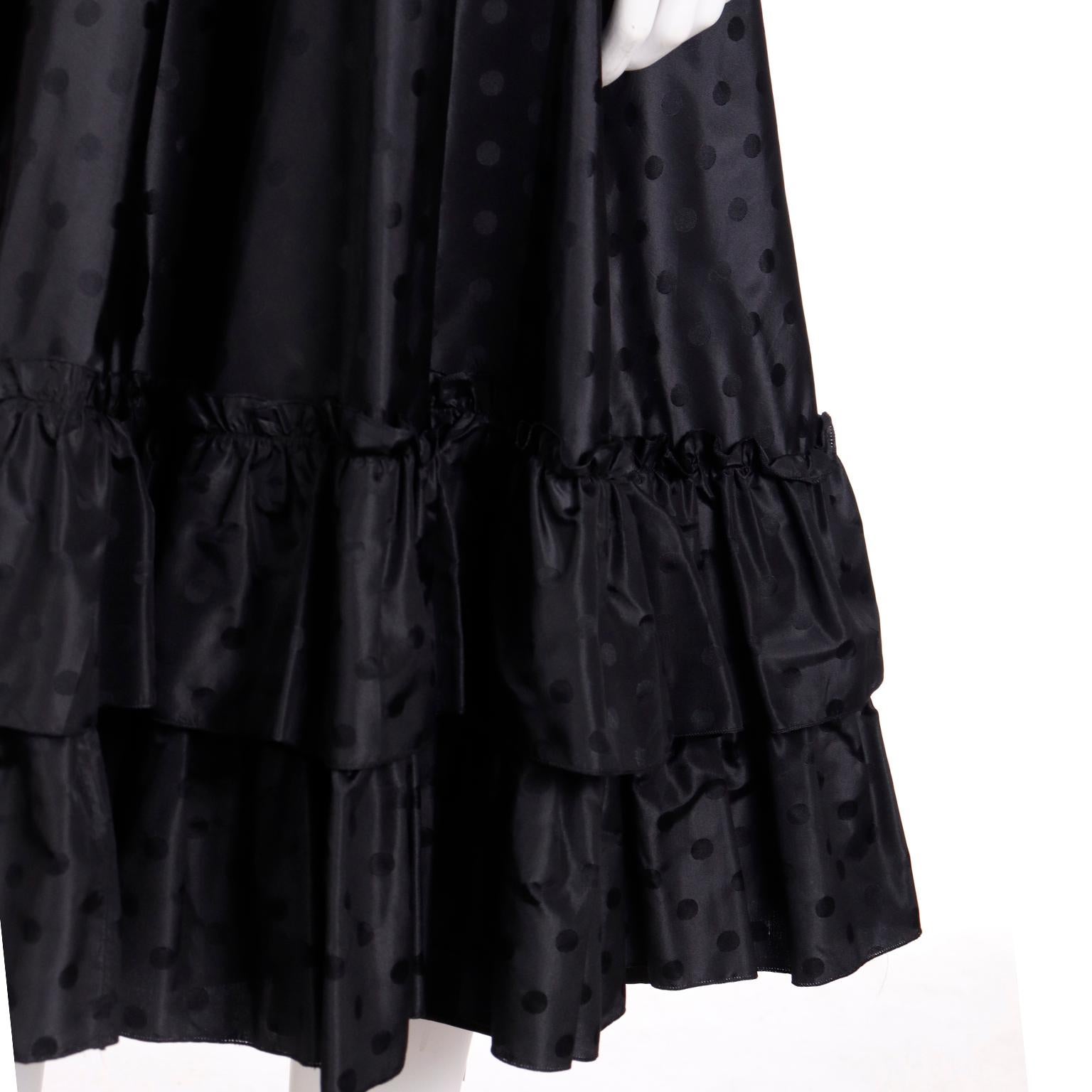 1980s Louis Feraud Vintage Black Silk Taffeta Polka Dot Ruffled Skirt w Belt For Sale 1