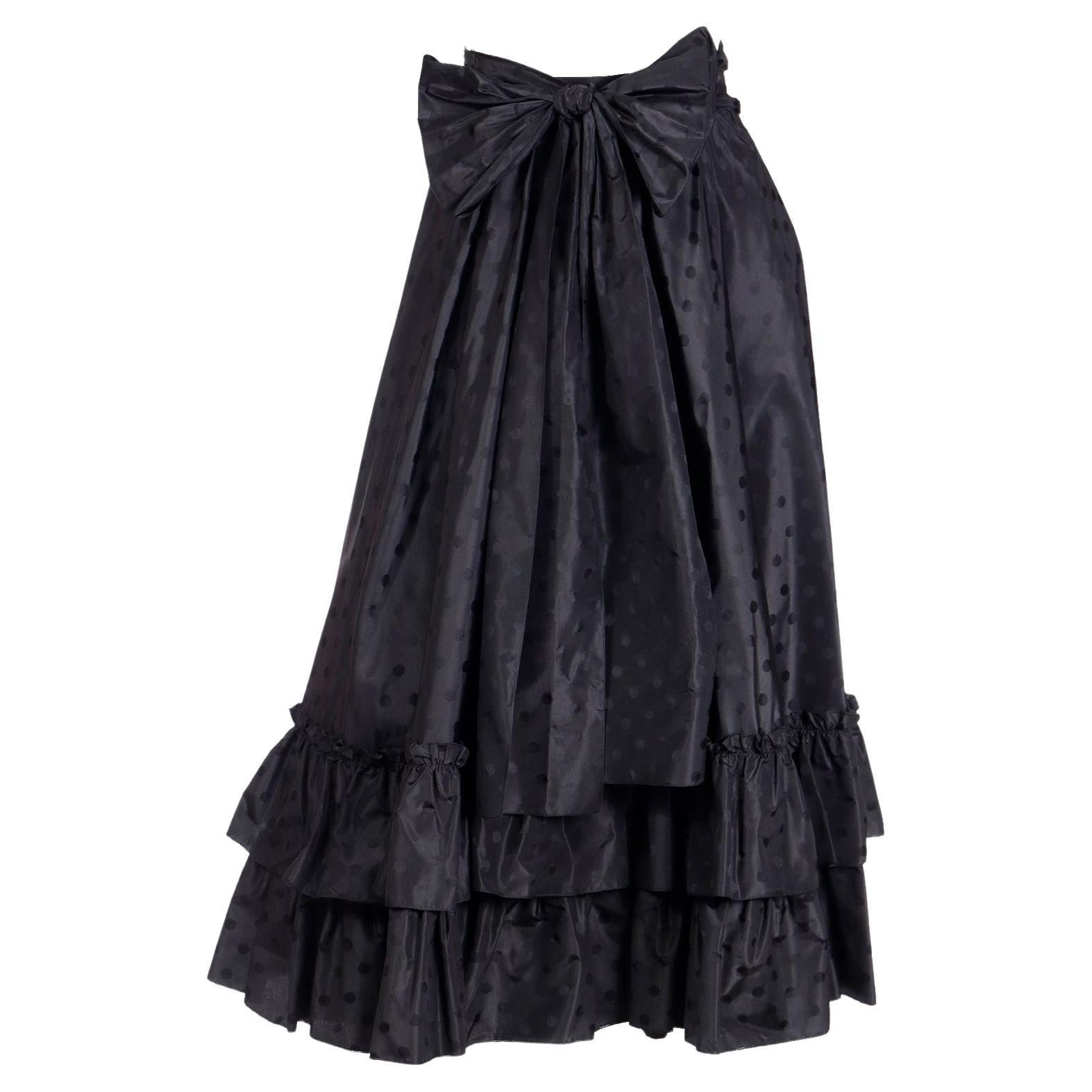 1980s Louis Feraud Vintage Black Silk Taffeta Polka Dot Ruffled Skirt w Belt For Sale
