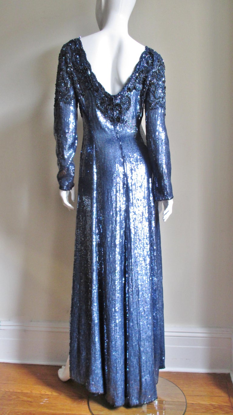 Robe De Soirée Vintage Louis Féraud - Mousseline De Soie Verte à Paillettes, Taille 38, Longueur Cheville - Occasion Très Bon état