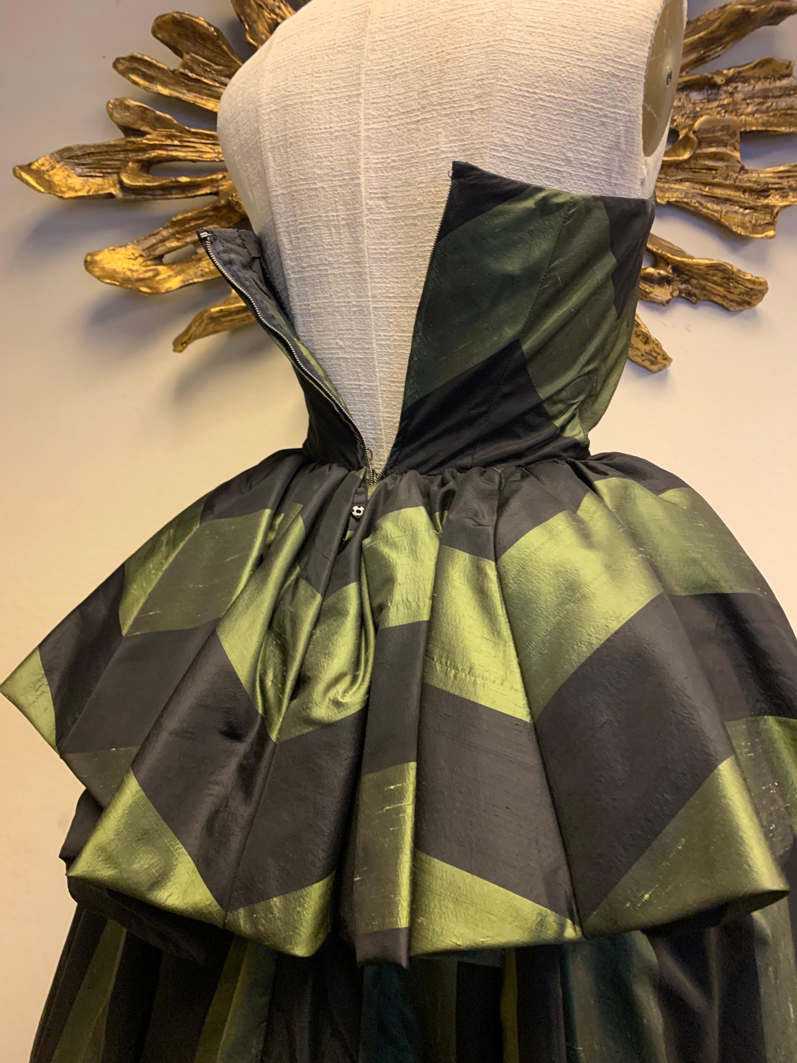 1980s Louis Feraud Green & Black Silk Taffeta Strapless Ballgown w Peplum For Sale 8