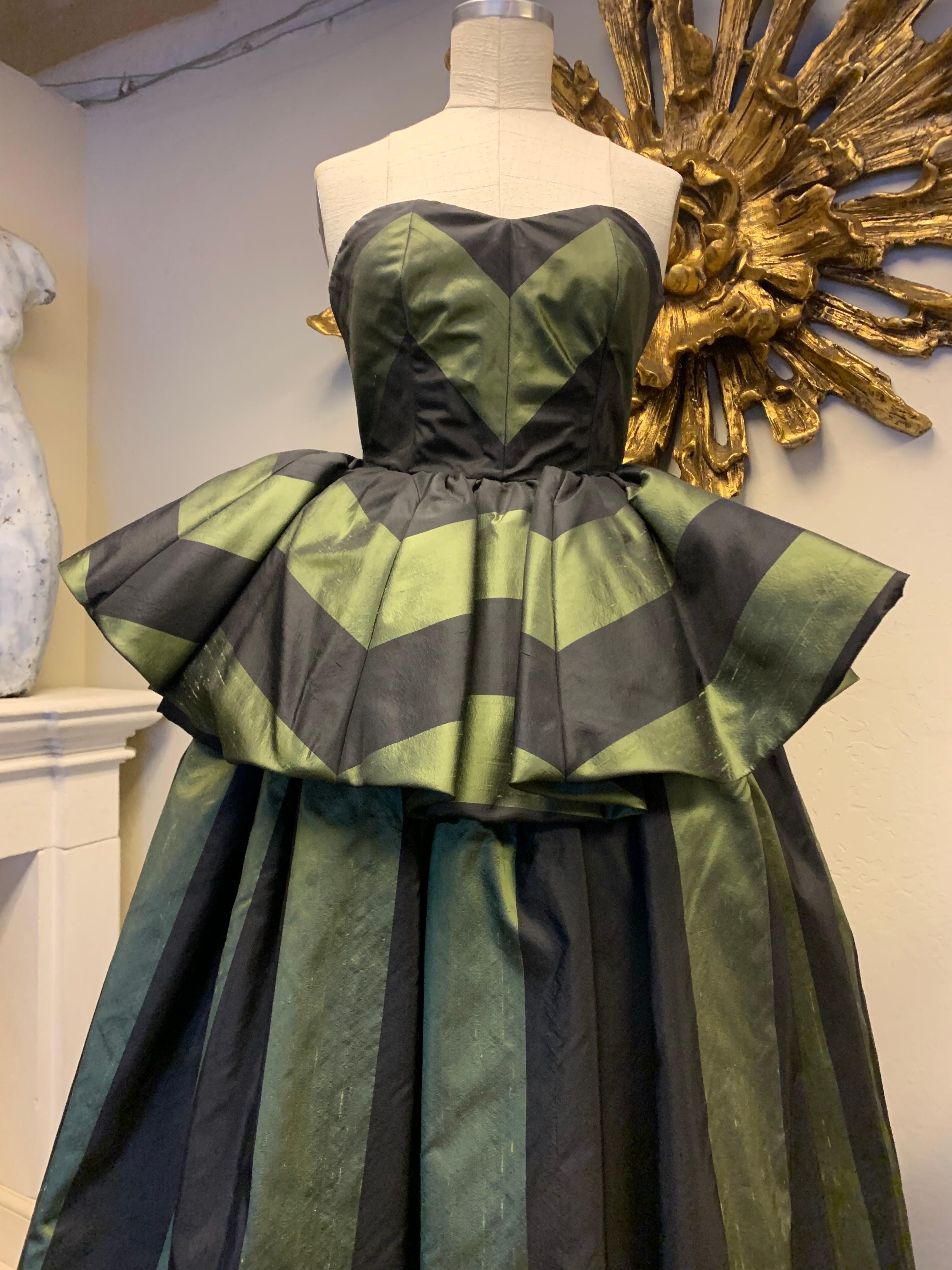 Women's 1980s Louis Feraud Green & Black Silk Taffeta Strapless Ballgown w Peplum For Sale